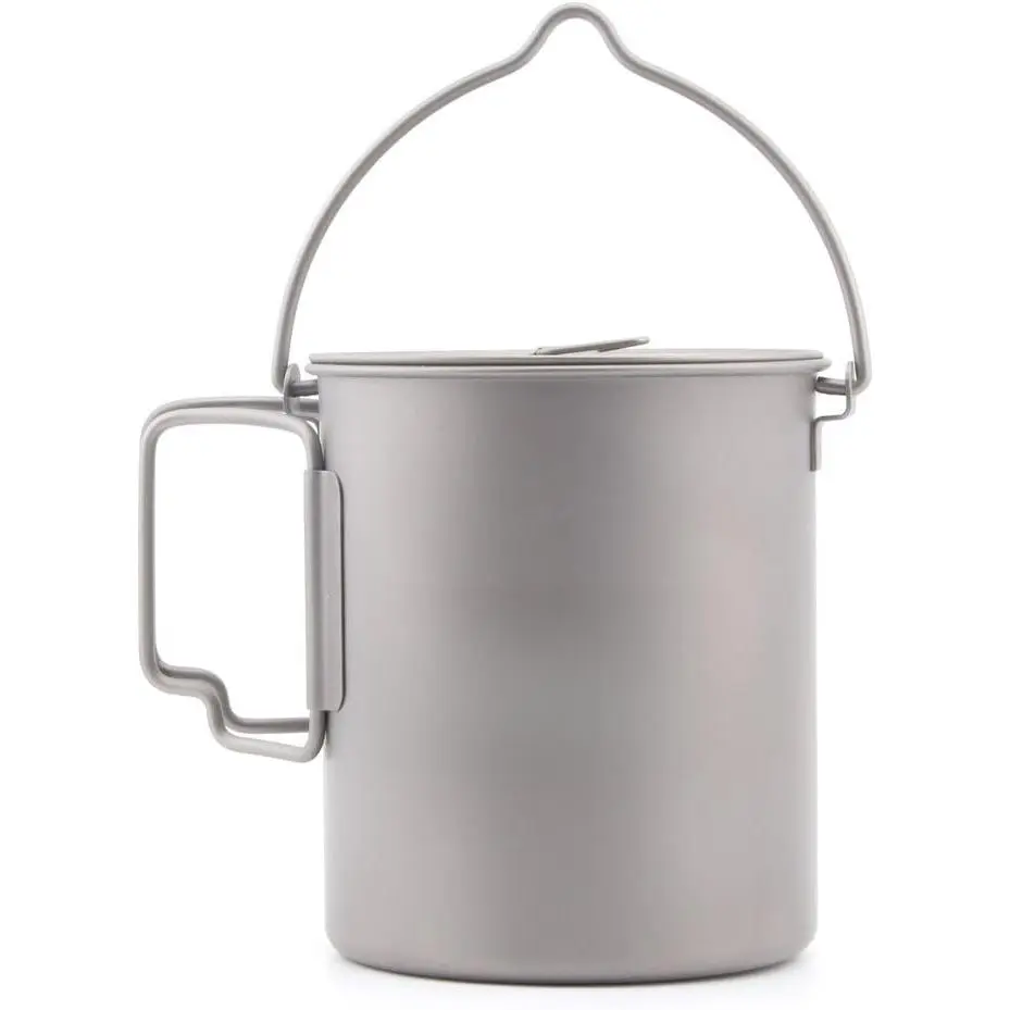 Ultralight Pure Titanium Camping Pot (750ml) - Detachable Bail, Foldable Handles, Internal Gradation Marks, Cosmetic Surface Discoloration, Extreme Heat Resistance, Backpacking Camp Kitchen Cookware for Boiling Water, Hiking, Campfire & BBQ Party