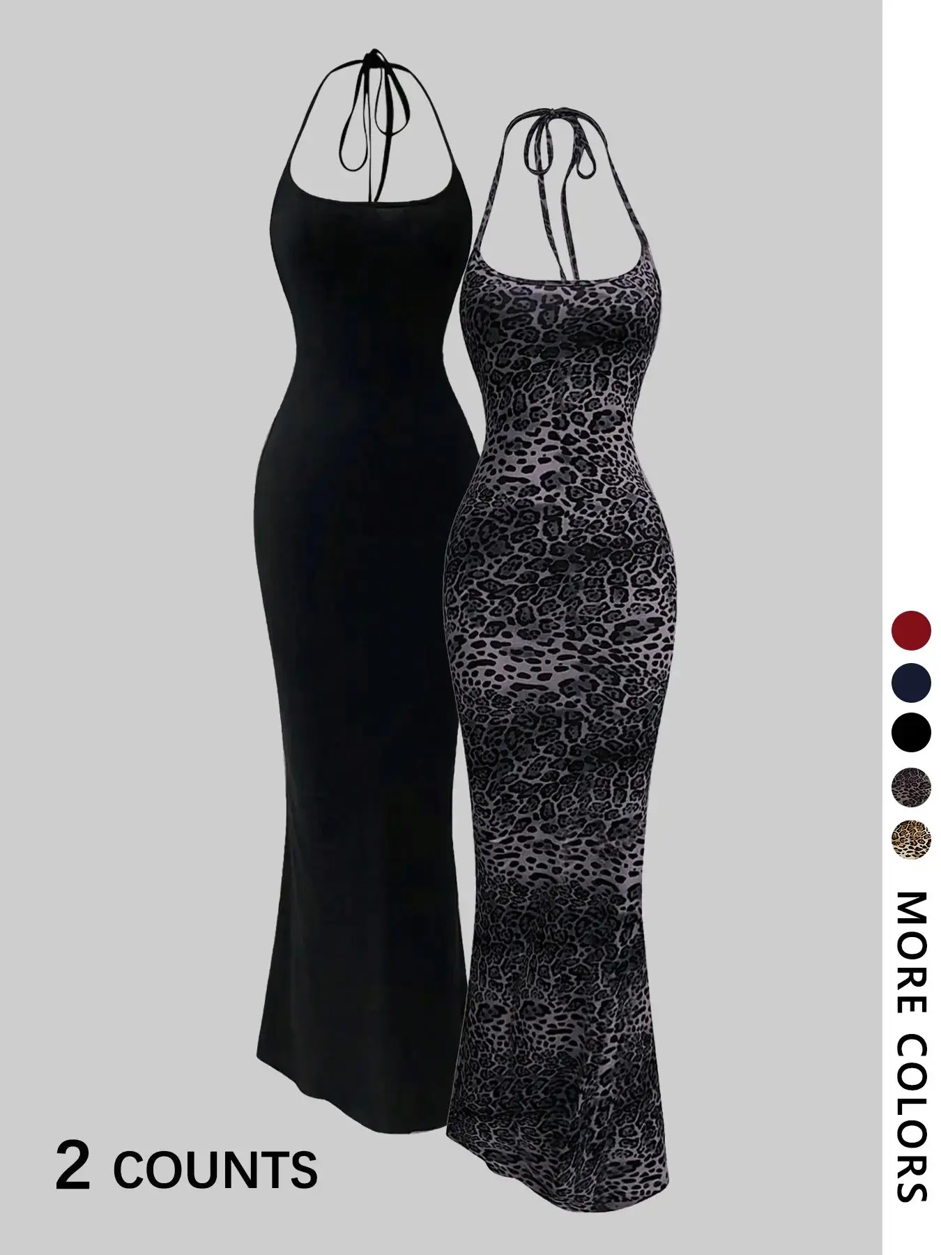 Sexy Halter Neck Cocktail Maxi Dress, Bodycon Fishtail Design, Leopard Print, Figure-Flattering, Perfect for Holiday