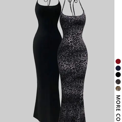 Sexy Halter Neck Cocktail Maxi Dress, Bodycon Fishtail Design, Leopard Print, Figure-Flattering, Perfect for Holiday