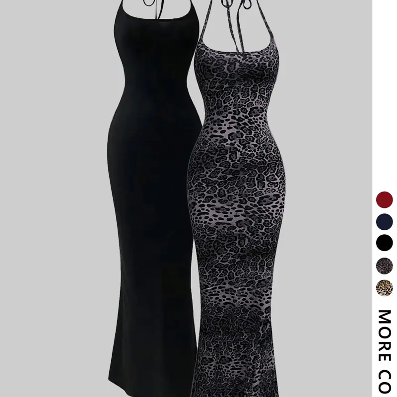 Sexy Halter Neck Cocktail Maxi Dress, Bodycon Fishtail Design, Leopard Print, Figure-Flattering, Perfect for Holiday