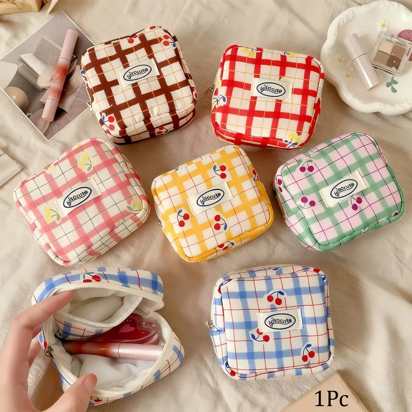 Small Cosmetic Pouch for Purse, Mini Makeup Bag with Compartments, Pockets Sanitary Napkin Pouch, Cute Zipper Lipstick Holder