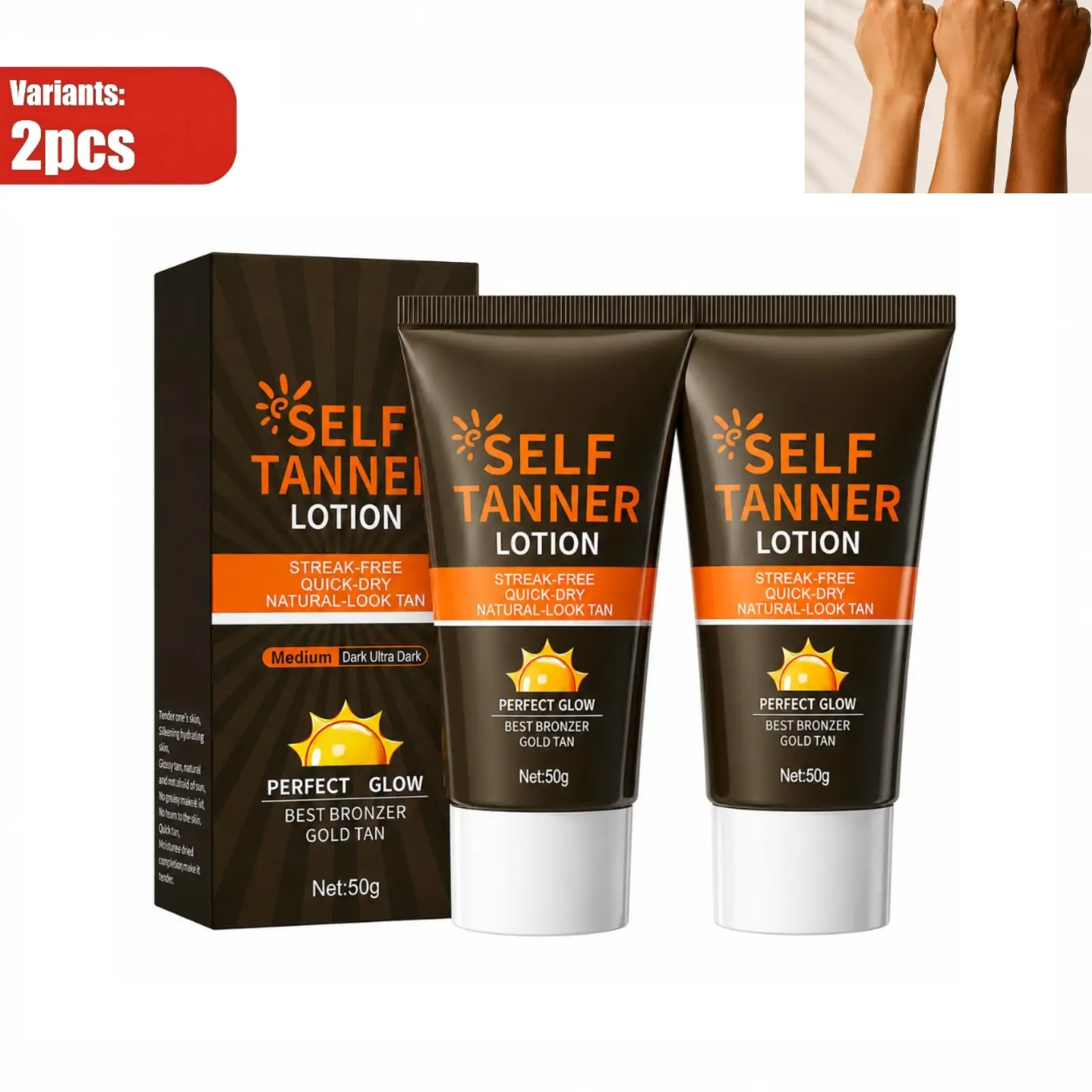 Self Tanner Lotion 2 Pack, Sunless Tanning Lotion for Face and Body, Quick Dry Streak-Free Self Tanner, Natural Looking Bronze Glow, Medium to Dark Fake Tan Lotion, 50g Each