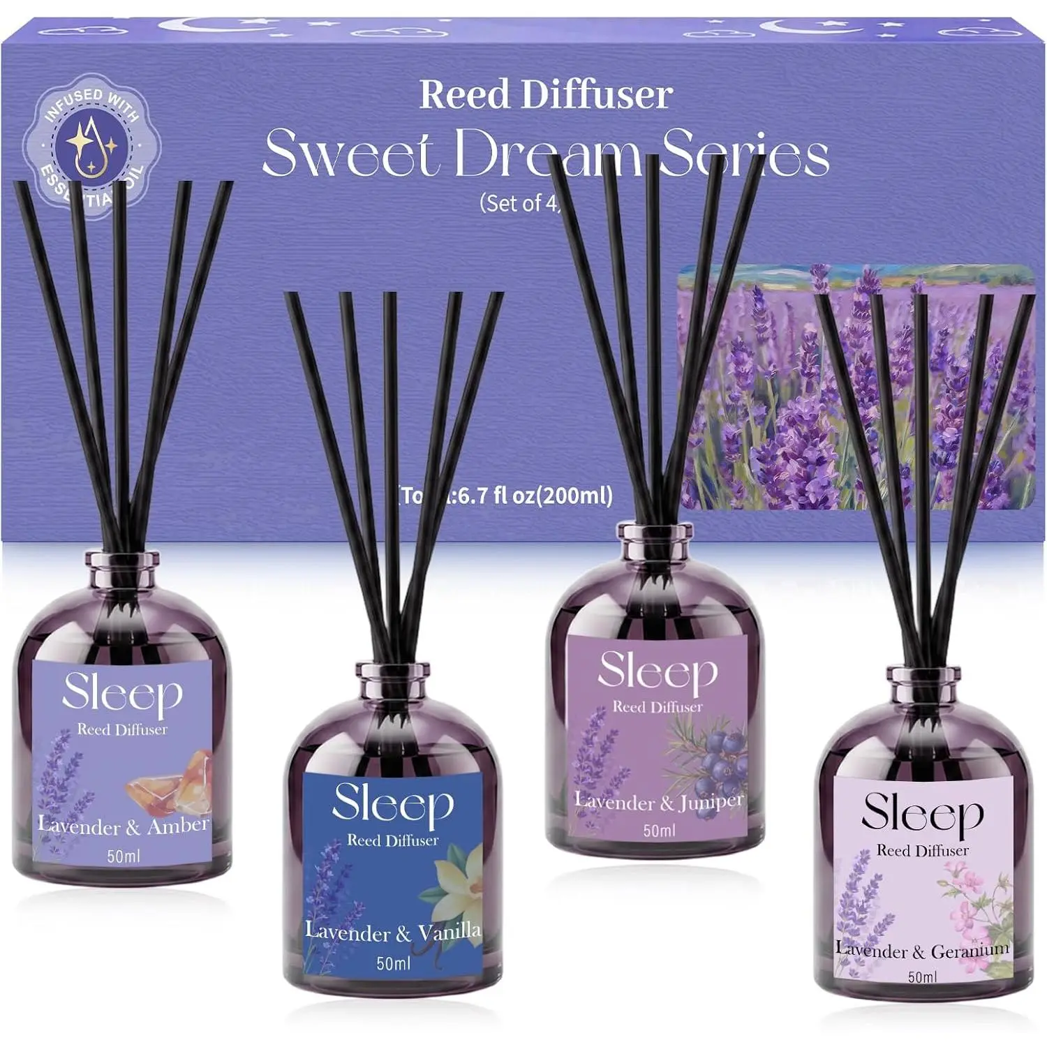 SCENTORINI Scented Aroma Reed Diffuser Gift Box Set - 6.76oz (50ml) Lavender & Vanilla Essential Oil, Flameless Design, 24 Sticks, Stress Relief, Calm Corner, Breathe Better, All Seasons Home Fragrance Decor