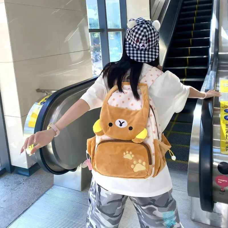 Kawaii Rilakkuma Cartoon Plush Backpack Cute Bear Younger Sister Large Capacity Student Schoolbag Lovely Birthday Present Gift