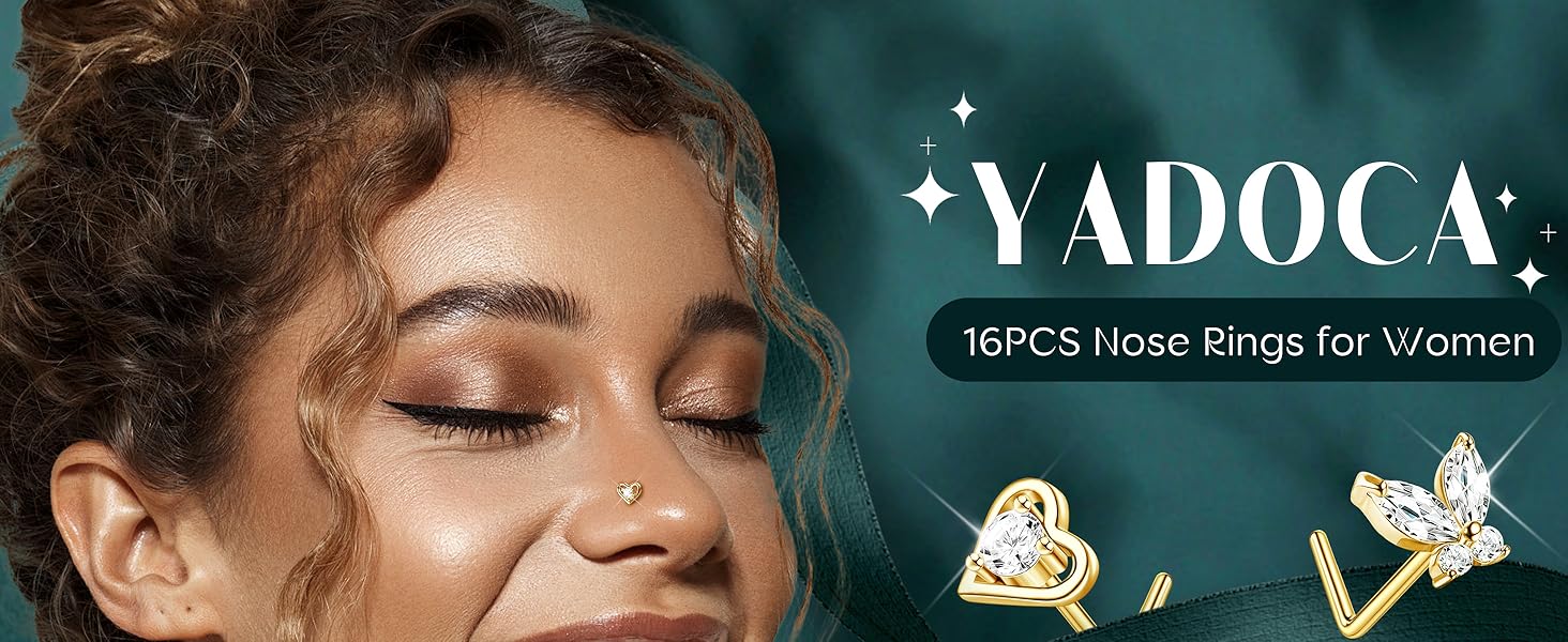 YADOCA Gold Nose Rings Studs for Women - 20G Surgical Steel Nose Ring L Shaped Nose Piercing Jewelry Hypoallergenic CZ Heart Nose Studs Silver Rose Gold 16Pcs