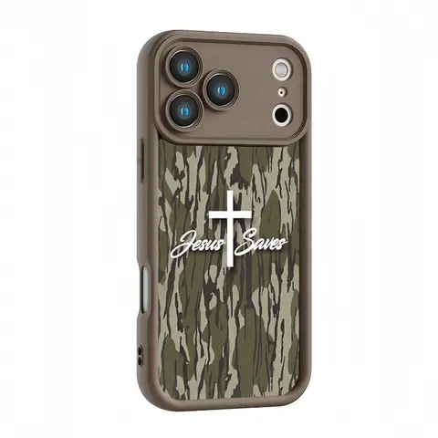 Camouflage Print Cross "Jesus Saves" Quote Phone Case - Matte Non-Slip TPU + Silicone Shockproof, Unisex Classic, Compatible with iPhone 17-11 Pro Max, Plus, Air &  Galaxy S26-S21 Ultra, Plus, FE