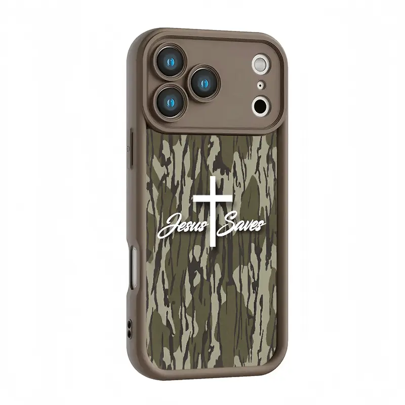 Camouflage Print Cross "Jesus Saves" Quote Phone Case - Matte Non-Slip TPU + Silicone Shockproof, Unisex Classic, Compatible with iPhone 17-11 Pro Max, Plus, Air & Galaxy S26-S21 Ultra, Plus, FE