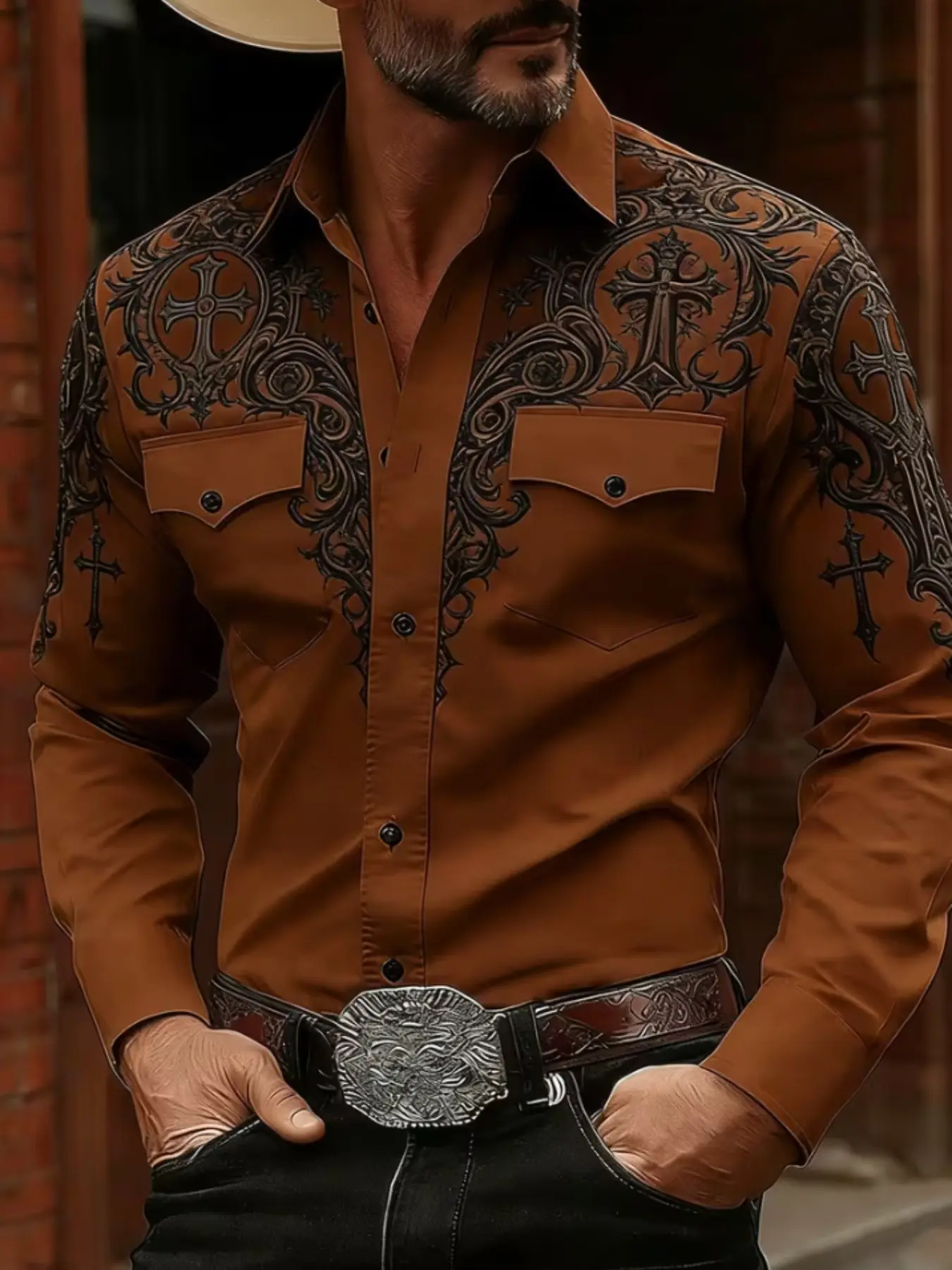 Cross Vine Shirt, Vintage Western American Style, Long Sleeve Casual Shirt, All over Print, Slim-Fitting, Full Placket Top