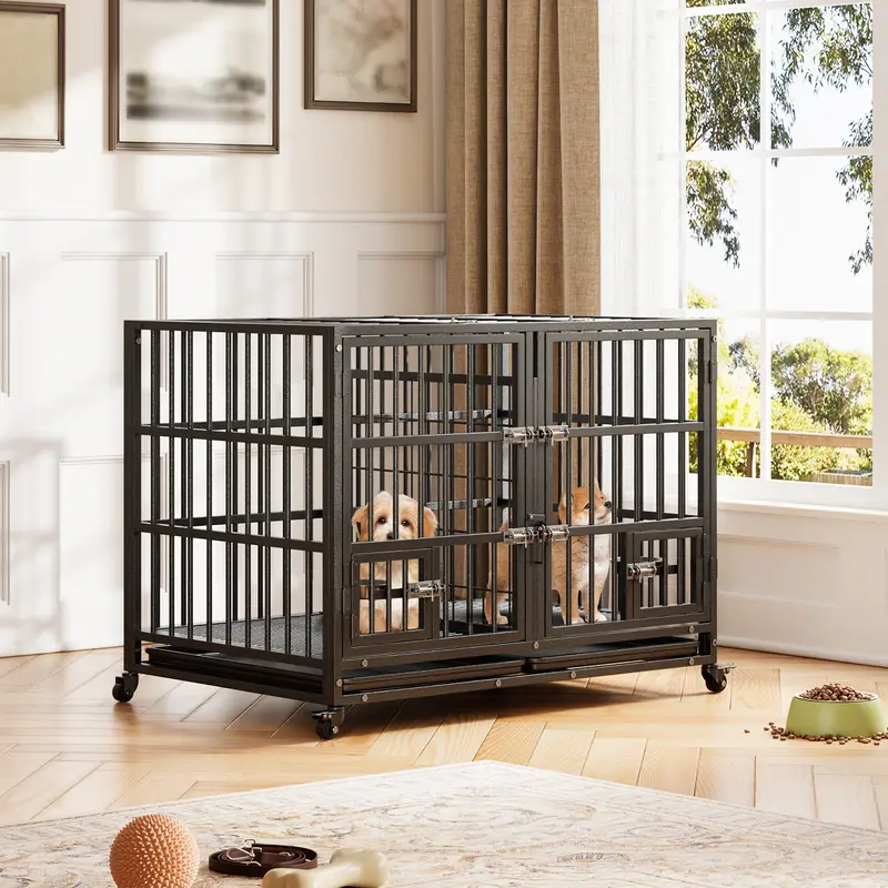 【Fall Sale】Flash sale Heavy Duty Stackable Metal Dog Crate - Open Top, 4 Lockable Wheels - Removable Tray & Divider - Raised 360° Feeder, 2 Stainless Bowls - Escape-Proof Kennel Cage for Medium & Large Dogs - Indoor/Outdoor Use,SohoChic