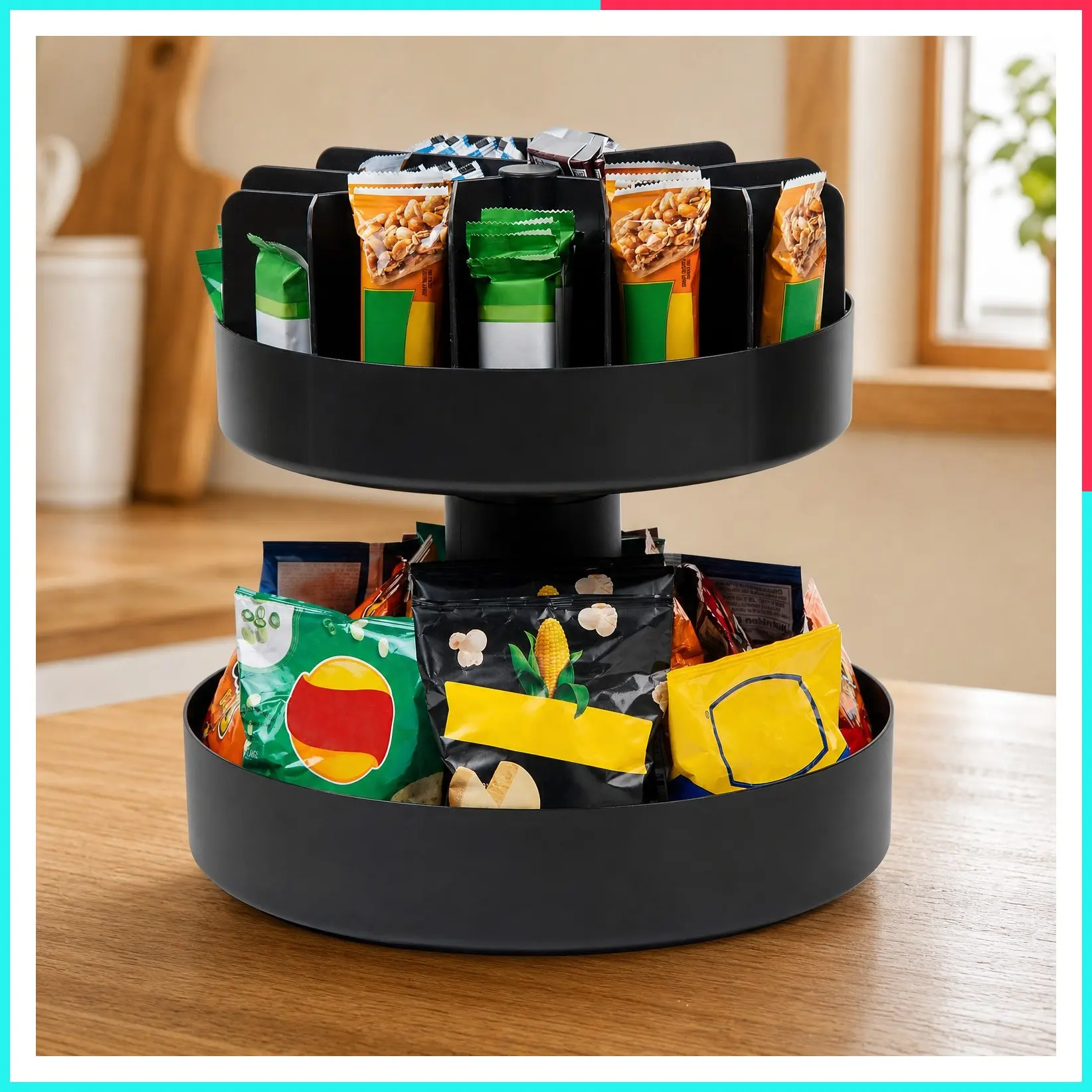 2-Tier Snack Carousel, Countertop Organizer, Snack Tray for Breakroom & Kitchen, 14.25"L x 14.25"W x 14"H, Black