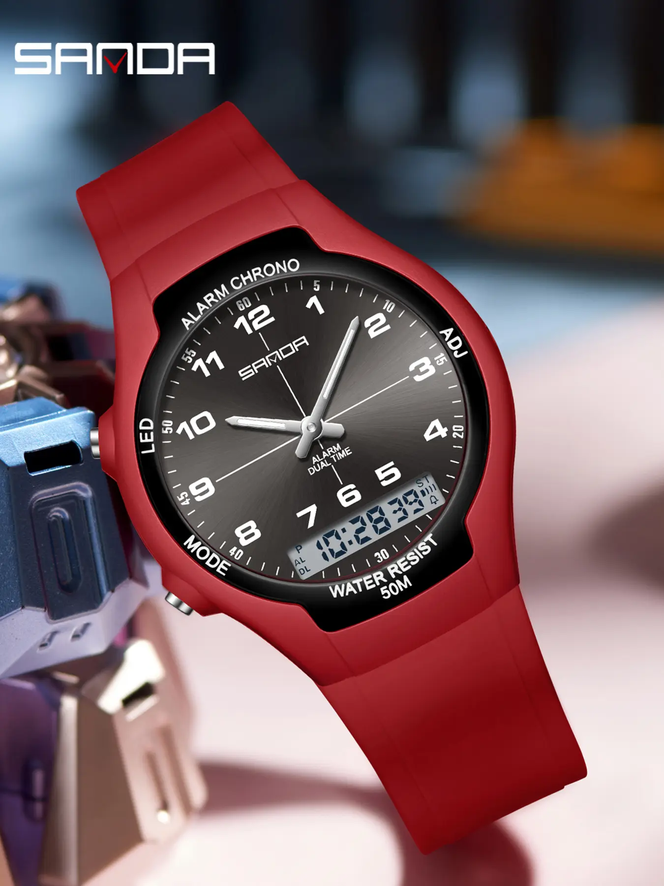 Sanda Sports Waterproof Night Light Multifunctional Electronic Watch, Dual Display Silicone Strap, Student Electronic Watch, Waterproof Digital Watch