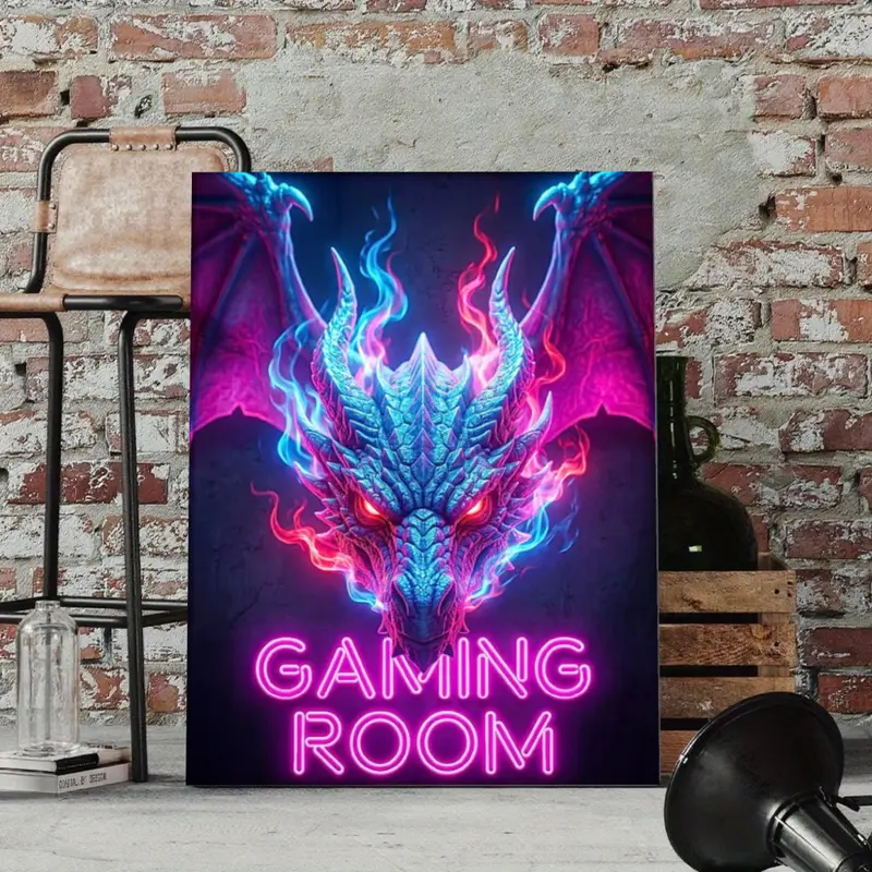 Neon Gaming Room Poster Canvas Wall Art Cyberpunk Dragon Glow Visual Effect Graphic Print Epic Video Game Wall Decor for PC Setup Tech Den Boy Bedroom Gamers Birthday Gift Unframed Hanging Canvas Wall Paintings Bedroom Aesthetic Canvas Print