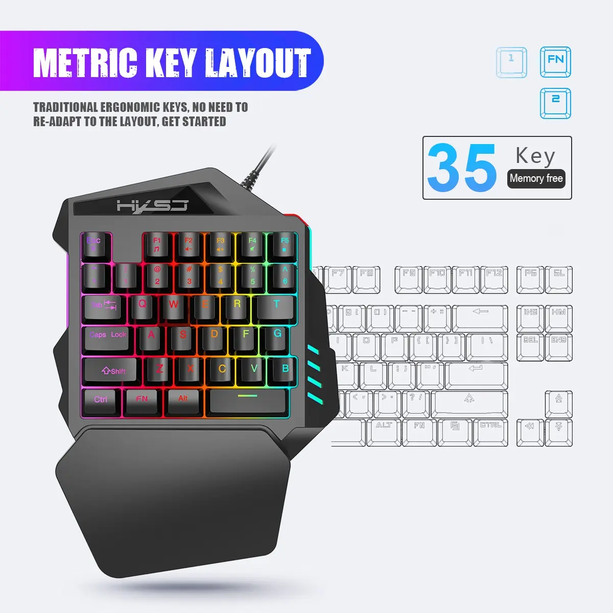 New Hxsj-V100 Single-Handed Membrane Keyboard, One Handed Keyboard, Ergonomic Design, Multi-Color Backlight, Wired Optical Movement Detection, Left Hand Orientation