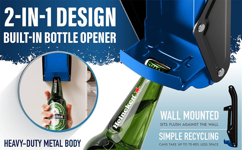 Can Crushers for Recycling - 16 oz Heavy Duty Aluminum Can Crusher Wall Mounted - Soda and Beer Can Smasher for Recycling with Bottle Opener - For 12 and 16 oz Cans - Easy to Install, Blue -