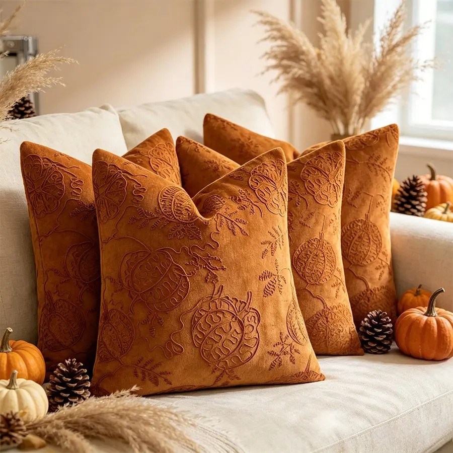 4PCS Autumn Maple Leaf Chenille Throw Pillow Covers 45x45cm, Thanksgiving & Halloween Embroidered Pumpkin Cushion Covers, Decorative for Couch, Sofa, Bedroom, Home (Insert Not Included)
