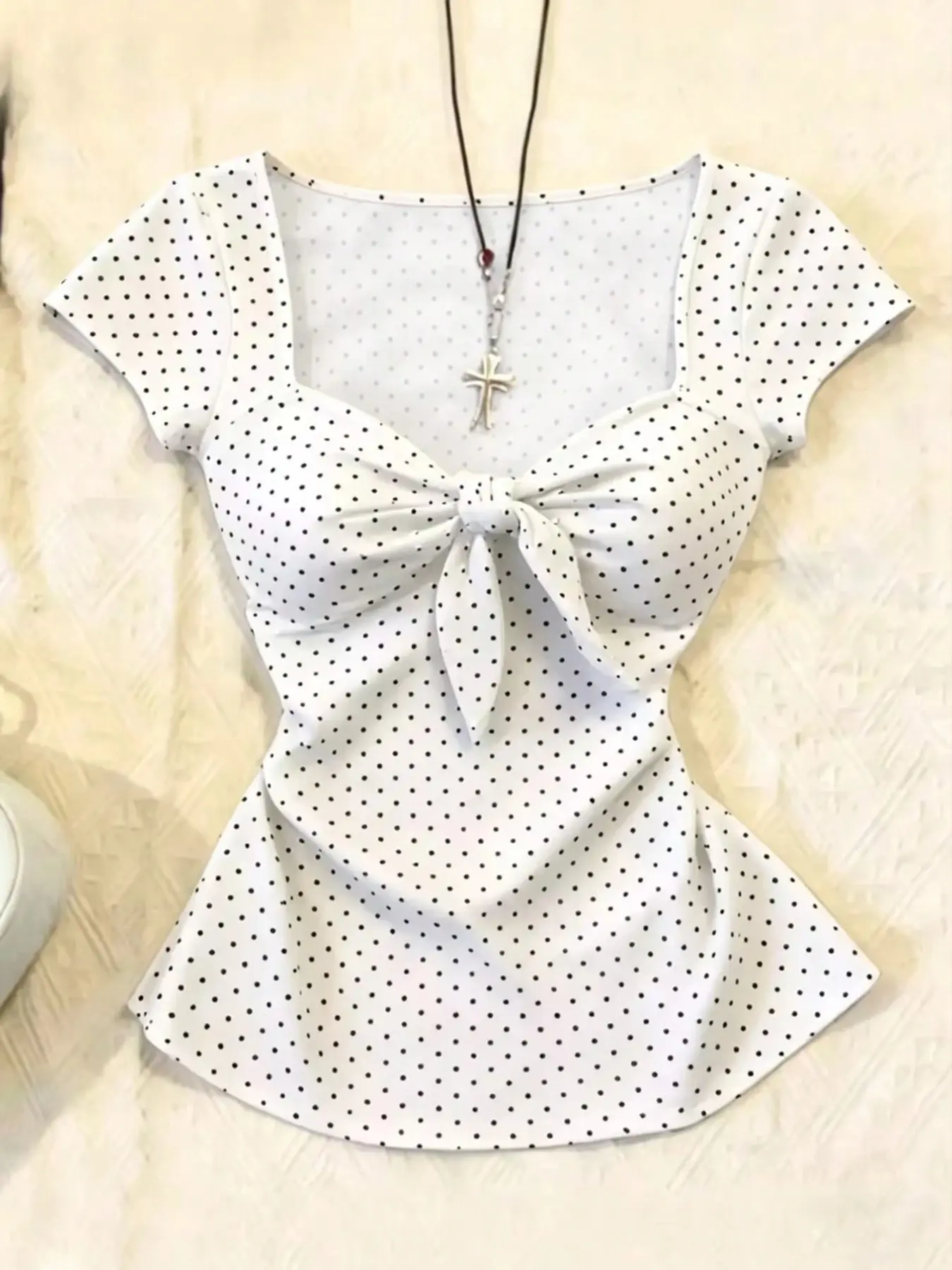 Women's Polka Dot Bow Square Neck Top, Slim-Fitting Short Sleeve Summer Casual Shirt, Boho Style, All Seasons