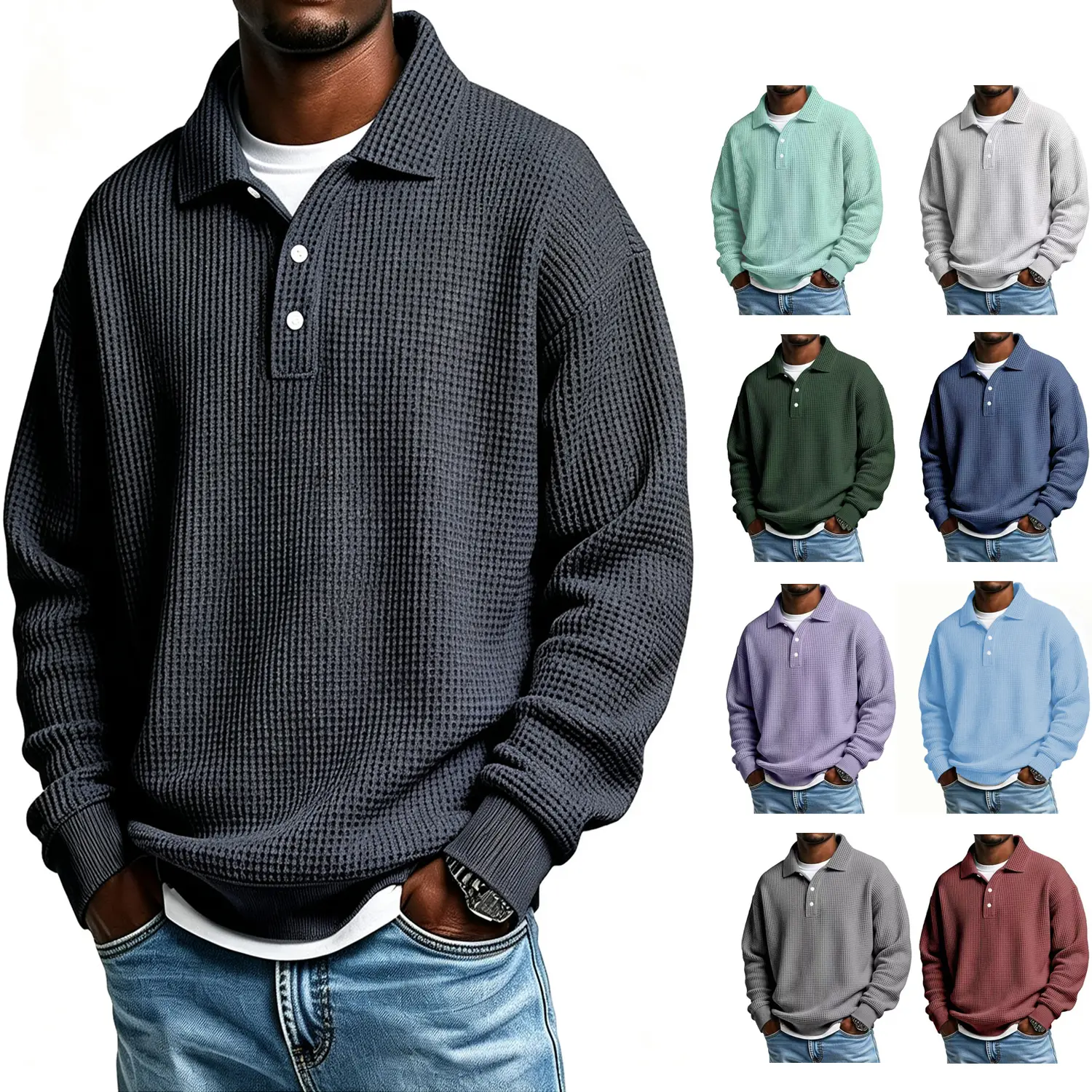 Mens Waffle Knit Button Placket Polo Sweatshirt Oversized Lapel Collar Long Sleeve Pullover Loose Fit Thermal Casual Top For Spring Fall Winter Daily Street Commute Outdoor Weekend Layering Basic Fashion Long Sleeve Shirt For Adult Men Daily Relaxed Outer