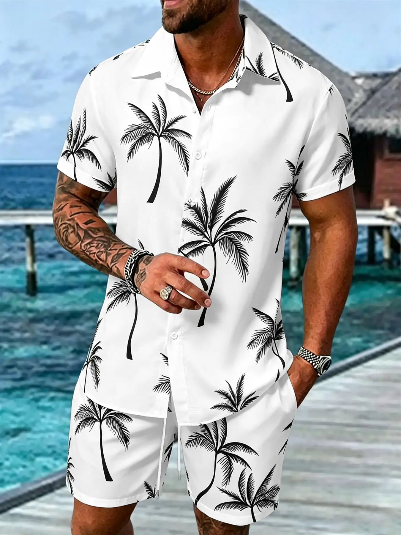 Men's Summer 2-Piece Set, Casual Slim-Fit Tropical Shirt and Shorts, Palm Print, Short Sleeve Button-Down, Drawstring Waist, Menswear