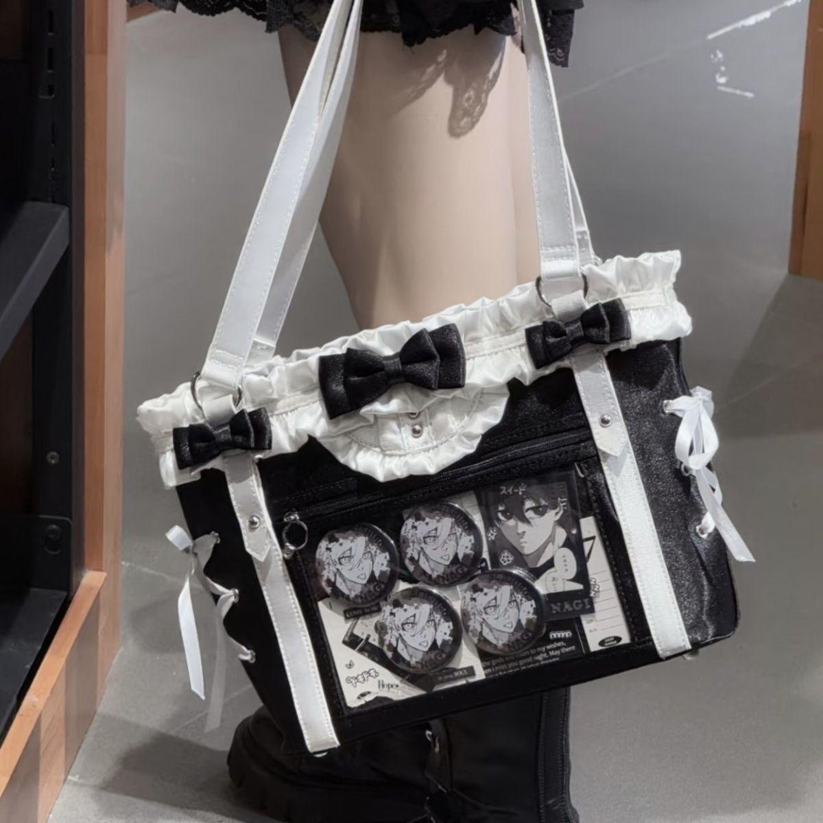 JIAERDI Lolita Cute Bow Shoulder Bag Ladies Harajuku Leather Square Large Capacity Ita Bag Anime Handle Purse Y2K Tote Bag 2025