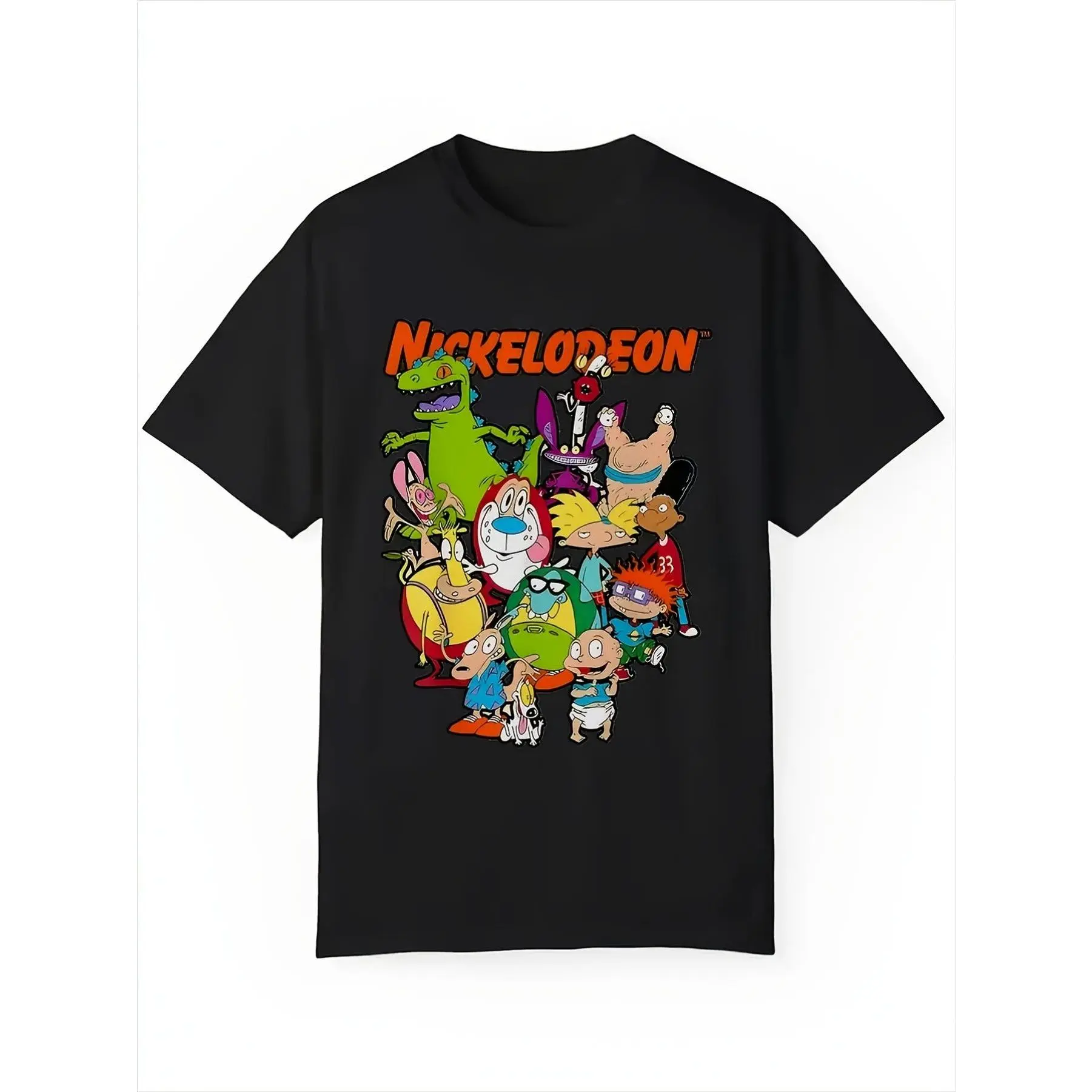 Vintage Nickelodeon Classic 90s Nicktoons Multi Character Collage Graphic Crew Neck Tee for Men, Retro Rugrats Ren & Stimpy Hey Arnold Reptar Mixed Cartoon Cast Print Short Sleeve Casual Pullover T-shirt, Nostalgic Childhood Animation Fan Regular Fit Knit