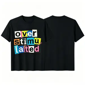 Women's Overstimulated Graphic T-Shirt, Black White Lettering Soft Breathable Round Neck Relaxed Fit Casual Summer Short Sleeve Tee
