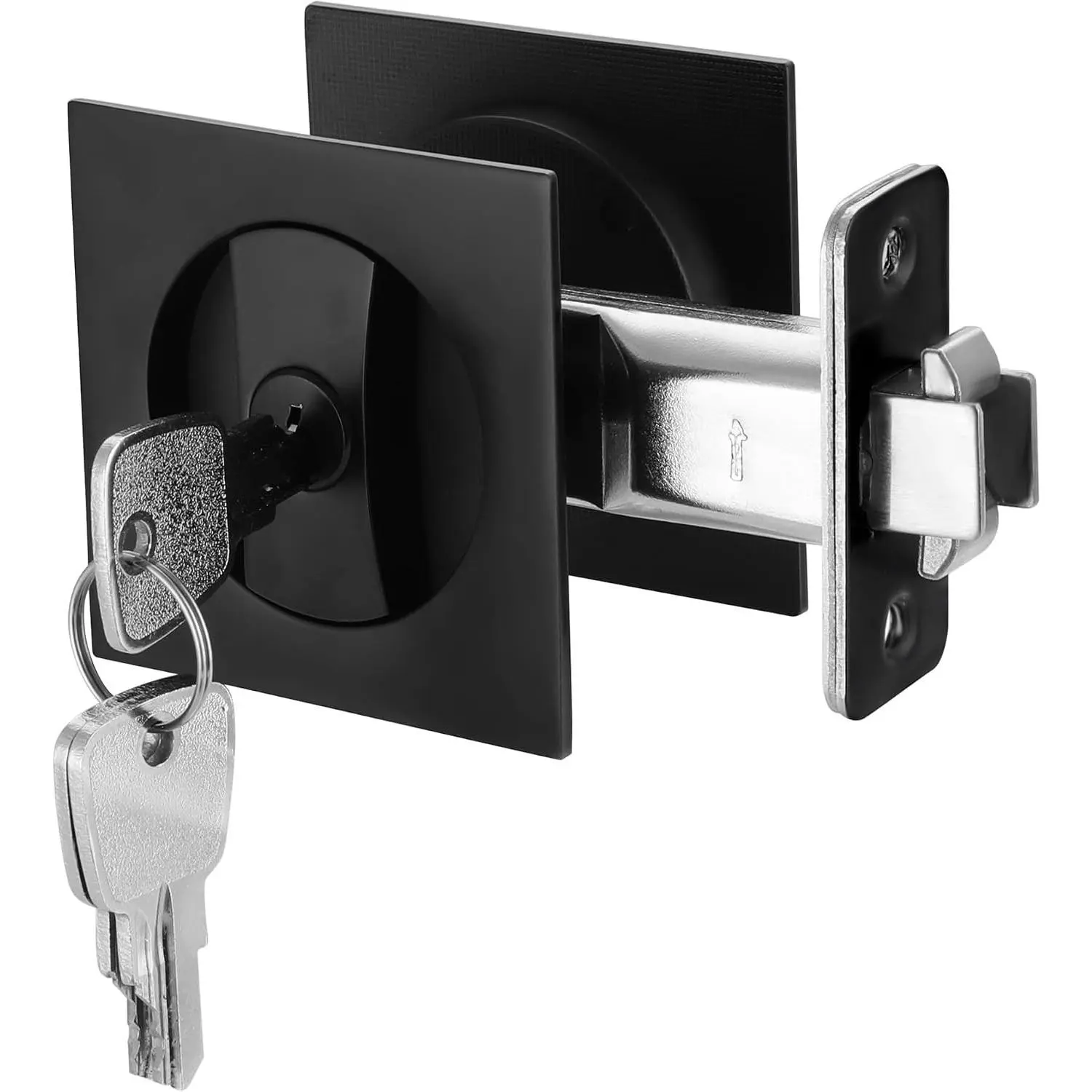 Pocket Door Lock with Key, Pocket Door Hardware Privacy Entry Lock | Pocket Door Handles with Lock, Double Square Door Lock for Sliding Door Bifold Door Bathroom, Replacement, Matte Black