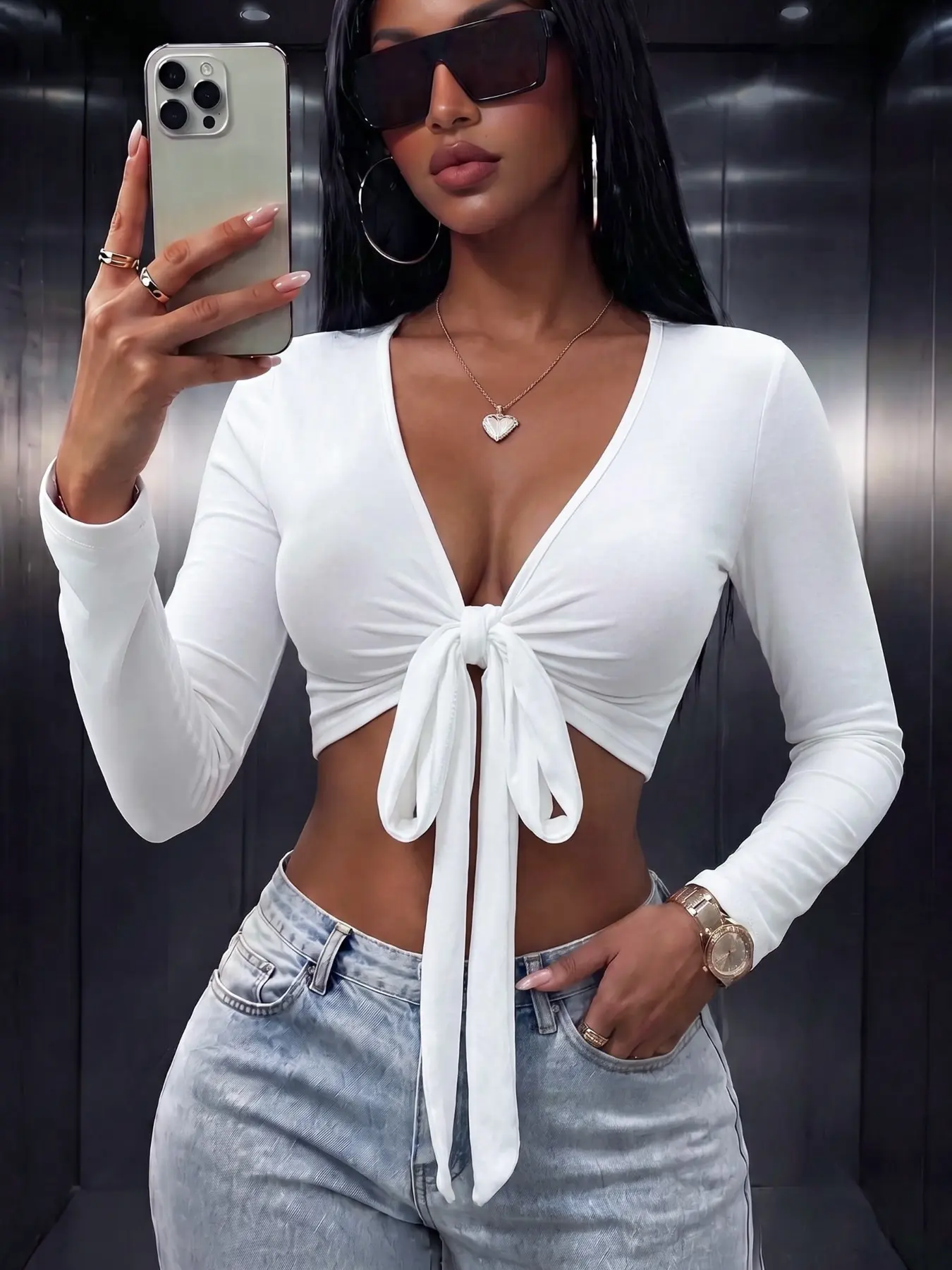 Front Tie Deep V Long Sleeve Cropped Top White Slim Wrap Shirt