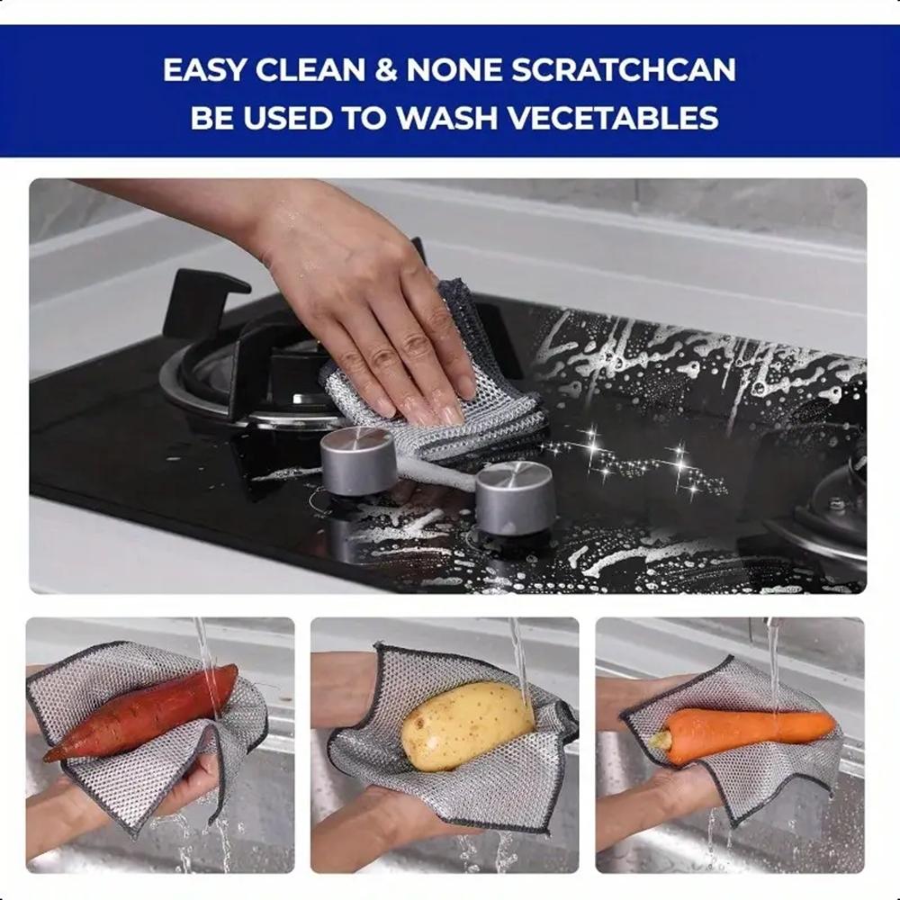 3 Layer Thickened Dish Cloth, 2/10pcs Non-scratch & Odor-free Reusable Wire Scrubber Rag, Kitchen Cleaning Tool for Sink, Stove Top, Countertop, Reusable Cleaning Cloths