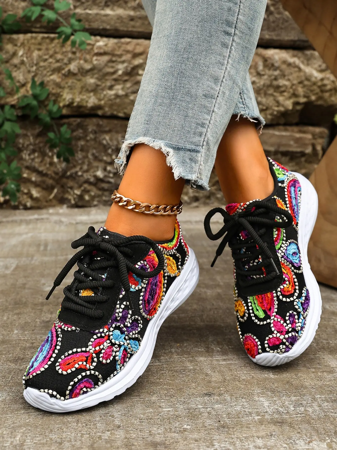 Colorful Floral Rhinestone Casual Shoes for Women, Mesh Laces Thick Sole Breathable Sports Leisure Shoes, All Seasons Comfortable Footwear