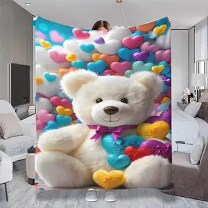 2D Flat Printed (Non-Stereo) Cute White Teddy Bear with Purple Bow Tie & Vibrant Multi-Colored Hearts Throw Blanket, Multiple Specifications Available, Soft Cozy Nap Blanket Perfect for Bedroom, Sofa & Daily Rest Scenarios