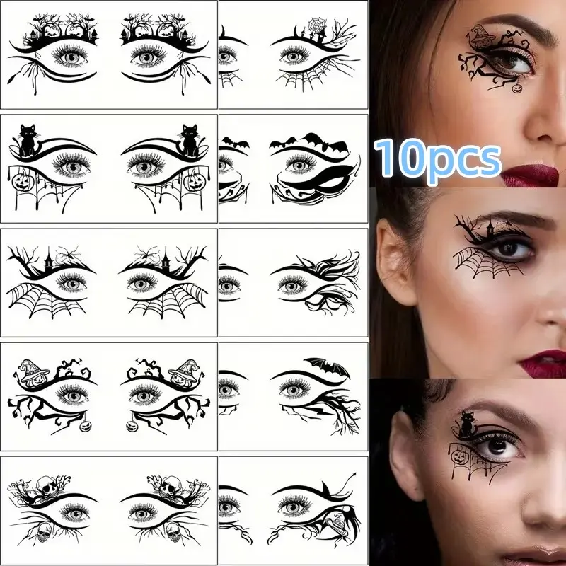 10 Halloween Eye Tattoo Stickers, Skull Pumpkin Cat Bat Spider Web Patterns, Temporary Face Makeup Tattoos for Halloween Party