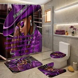4pcs Purple Faith Prayer Shower Curtain Set, Afro Queen Goddess Graphic, Inspirational Scripture Quote, Elegant Boho Bathroom Decor, TikTok Shop Viral, Ramadan Gift, Holiday Home Accent