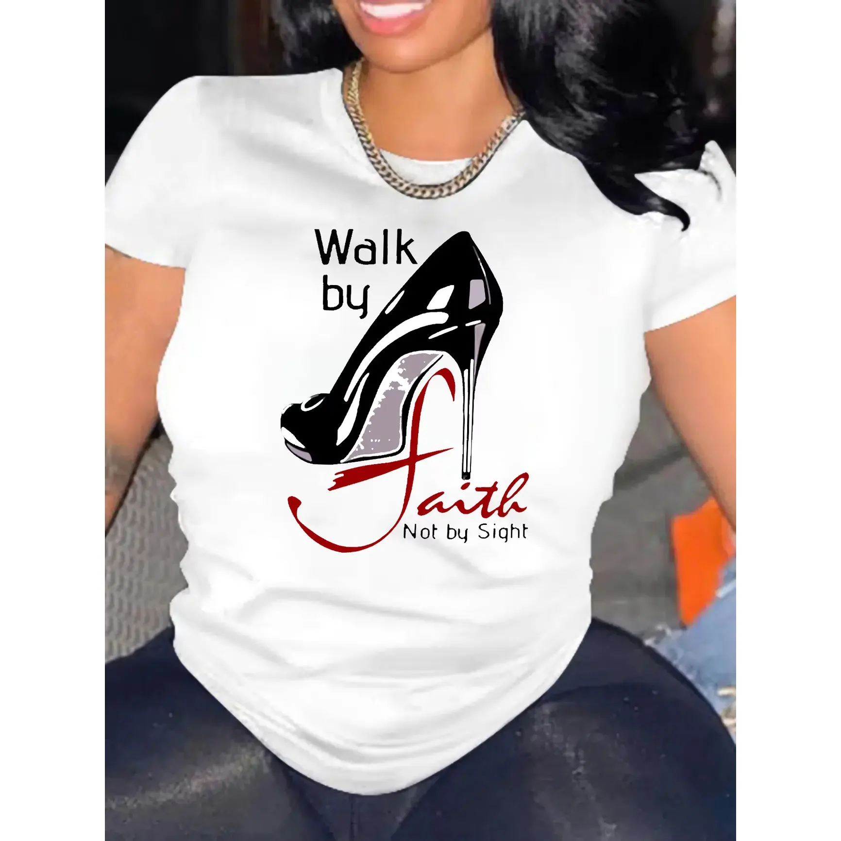 Women's Fitted Round Neck Shortsleeve Cotton T-Shirt - Walk by Faith Not by Sight Graphic Print, Everyday Inspirational Christian Casual Wear, Ideal Gift for Her, Soft