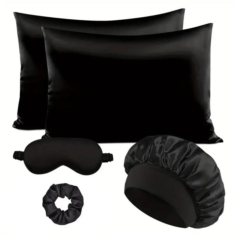 Satin Soft Sleep Set, Including 2pcs Silky Pillowcases, 1pc Breathable Hair Bonnet, 1pc Adjustable Weighted Sleep Eye Mask and 1pc Hair Scrunchie, Simple and Comfortable Bedding Sleep Aid Set, Sleeping Eye Mask