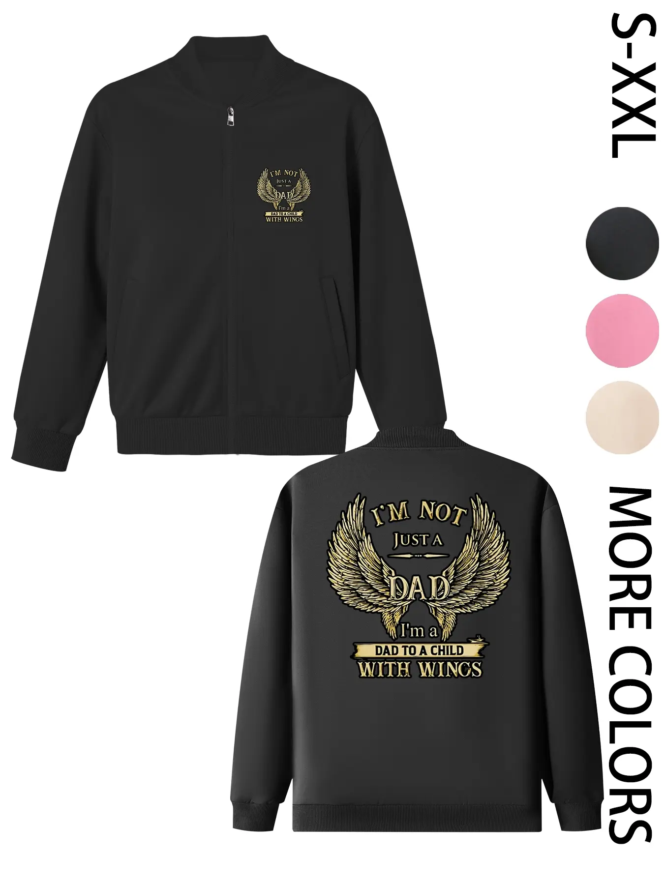 Women's American Street Style Hoodless Bomber Jacket with "I'M NOT JUST A DAD I'm a DAD TO A CHILD WITH WINGS" Print, Lightweight Zip-Up Jacket, American Street Style Print Design, Suitable for All Seasons, Casual & Street Style