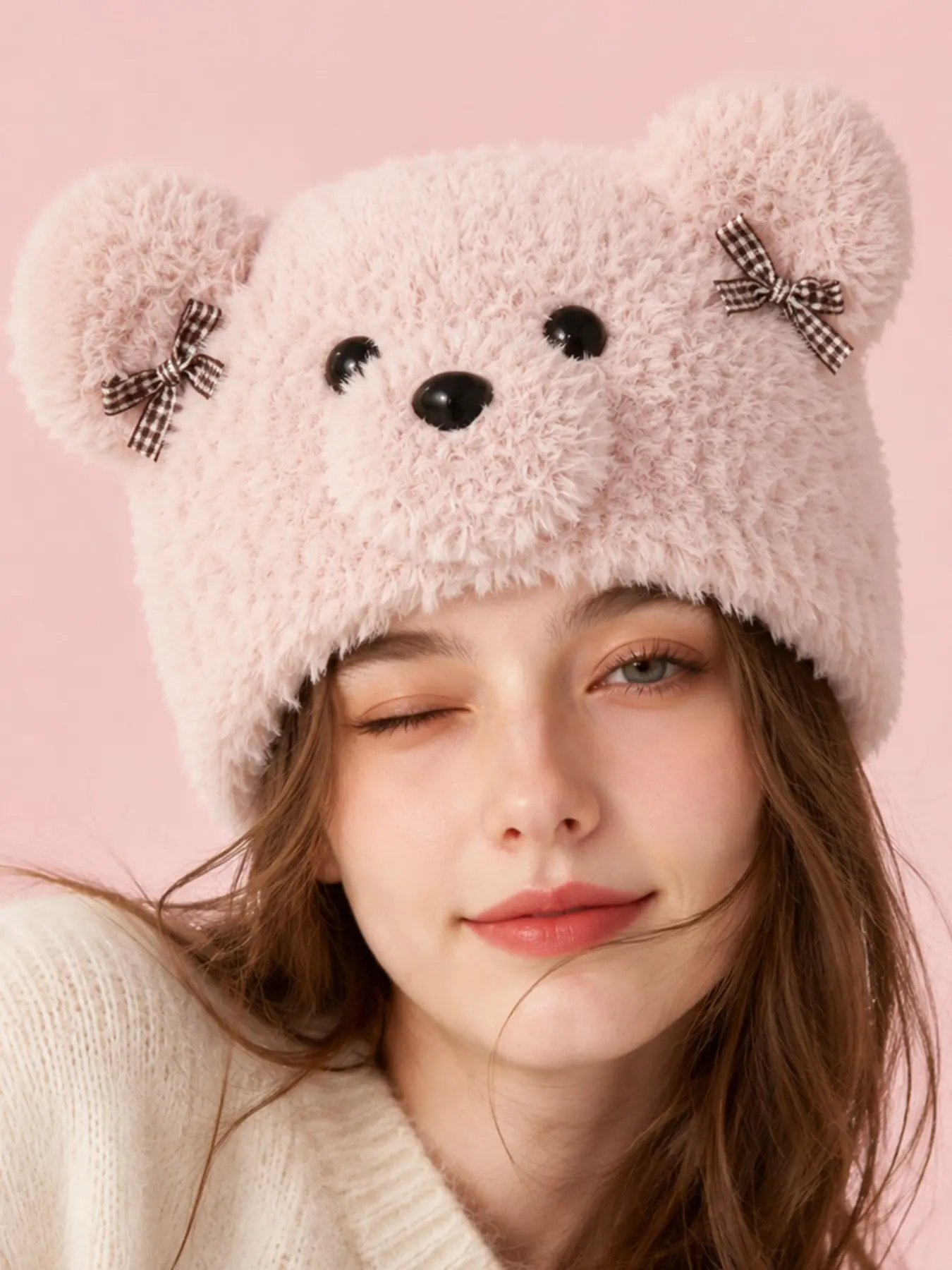 Women's Cute Animal Plush Hat, Warm Winter Beanie, Soft Bear Design, Perfect for Outdoor Activities, Casual Daily Wear, Fall & Winter Fashion Accessory