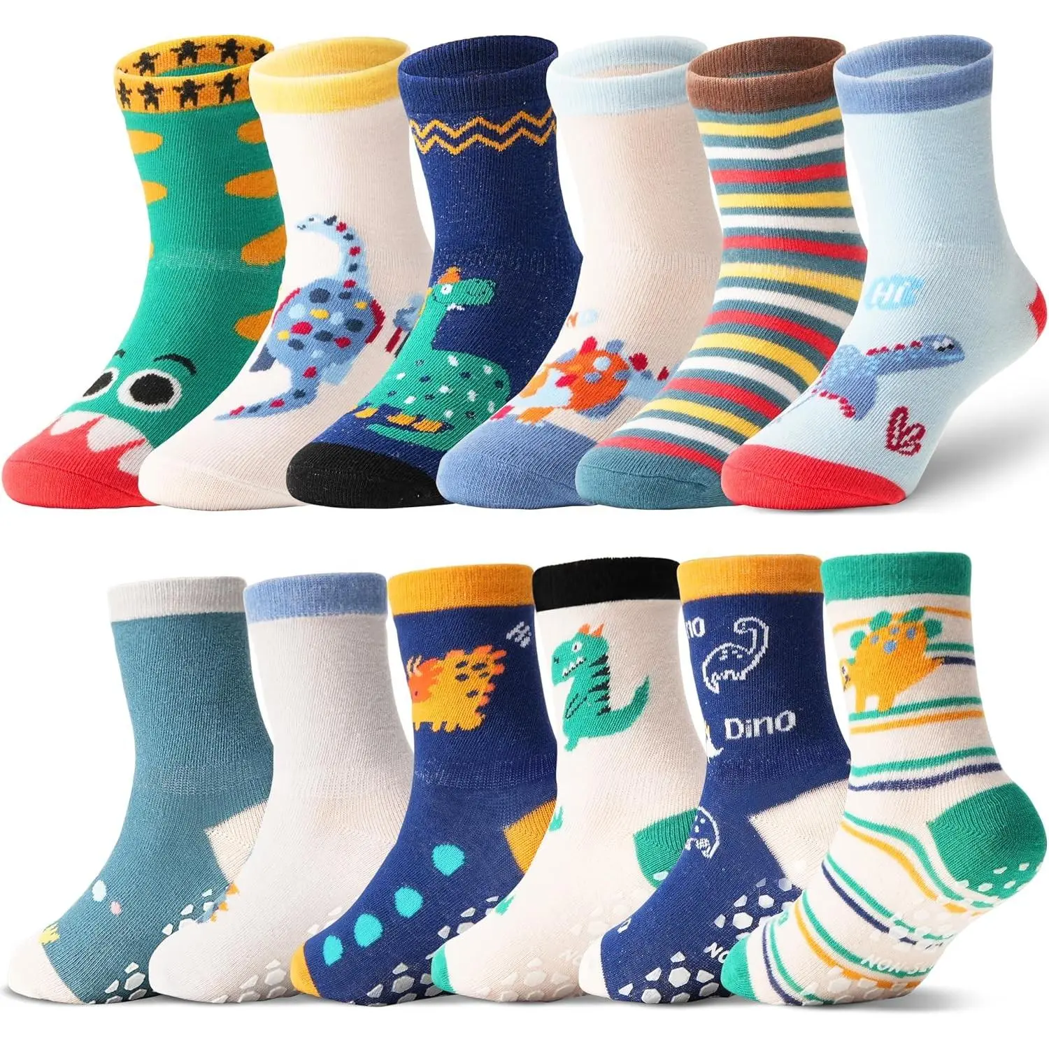 12 Pairs Baby Girls Boys Toddlers Kids Crew Cotton Grip Socks | Smooth Toe, High Elasticity, Soft, Breathable, Moisture-Wicking, Non-Slip Anti-SkidGift