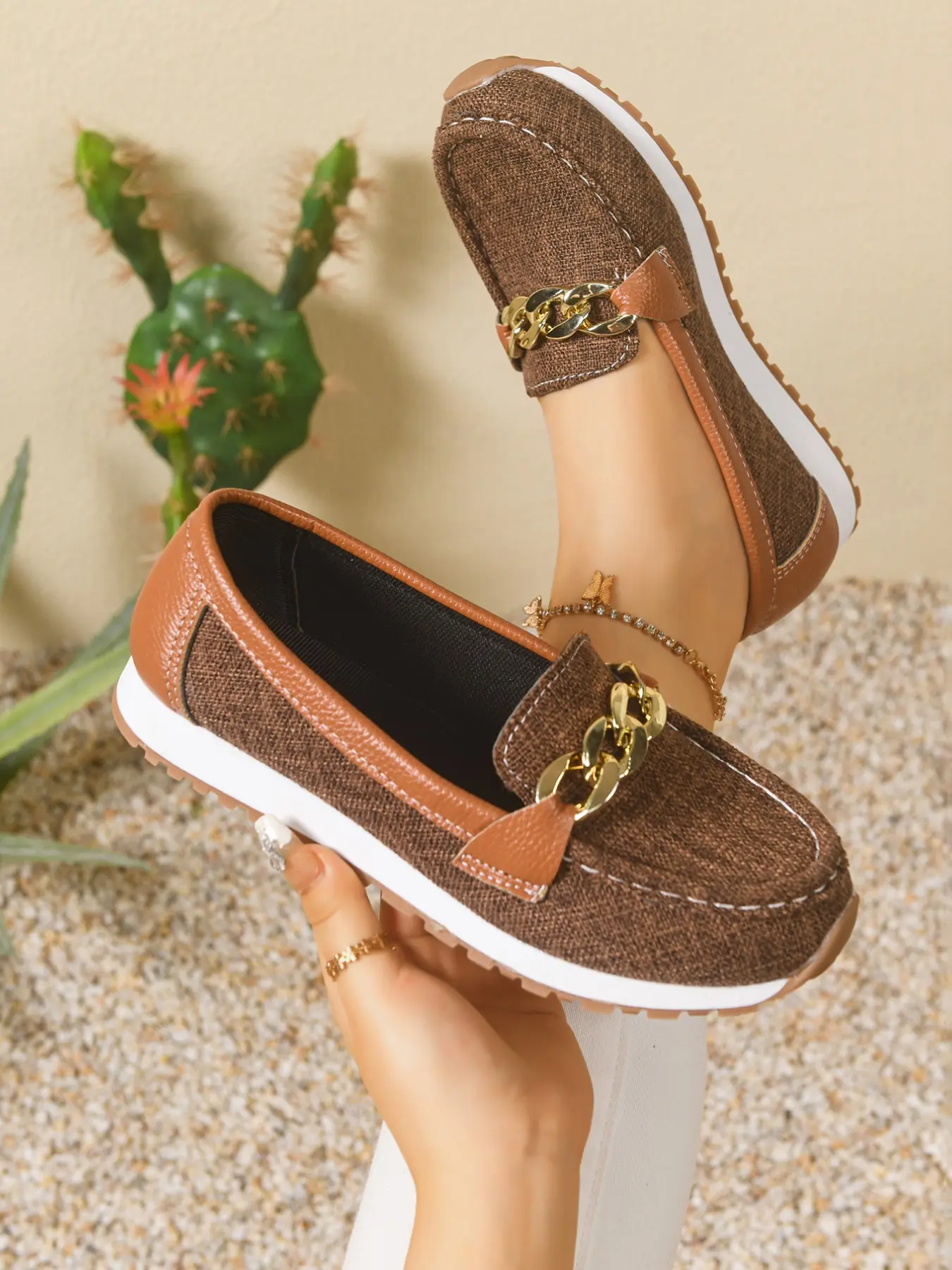 New Denim Metal Chain Loafers for Women, Soft Sole Breathable Slip-On Casual Flat Shoes, Commuter Lazy Footwear, Daily Wear Versatile Style