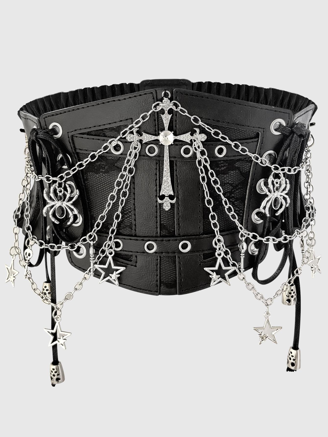 HERSHINE Women's Fashion Cross Chain Elastic Wide Belt, Y2K Gothic