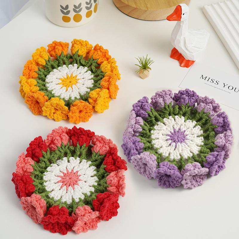 Rose Crochet Coasters with Plant Pot Handmade Knitted Flower Bouquet Coaster Coffee Table Cupmat Placemat Home Office Decor