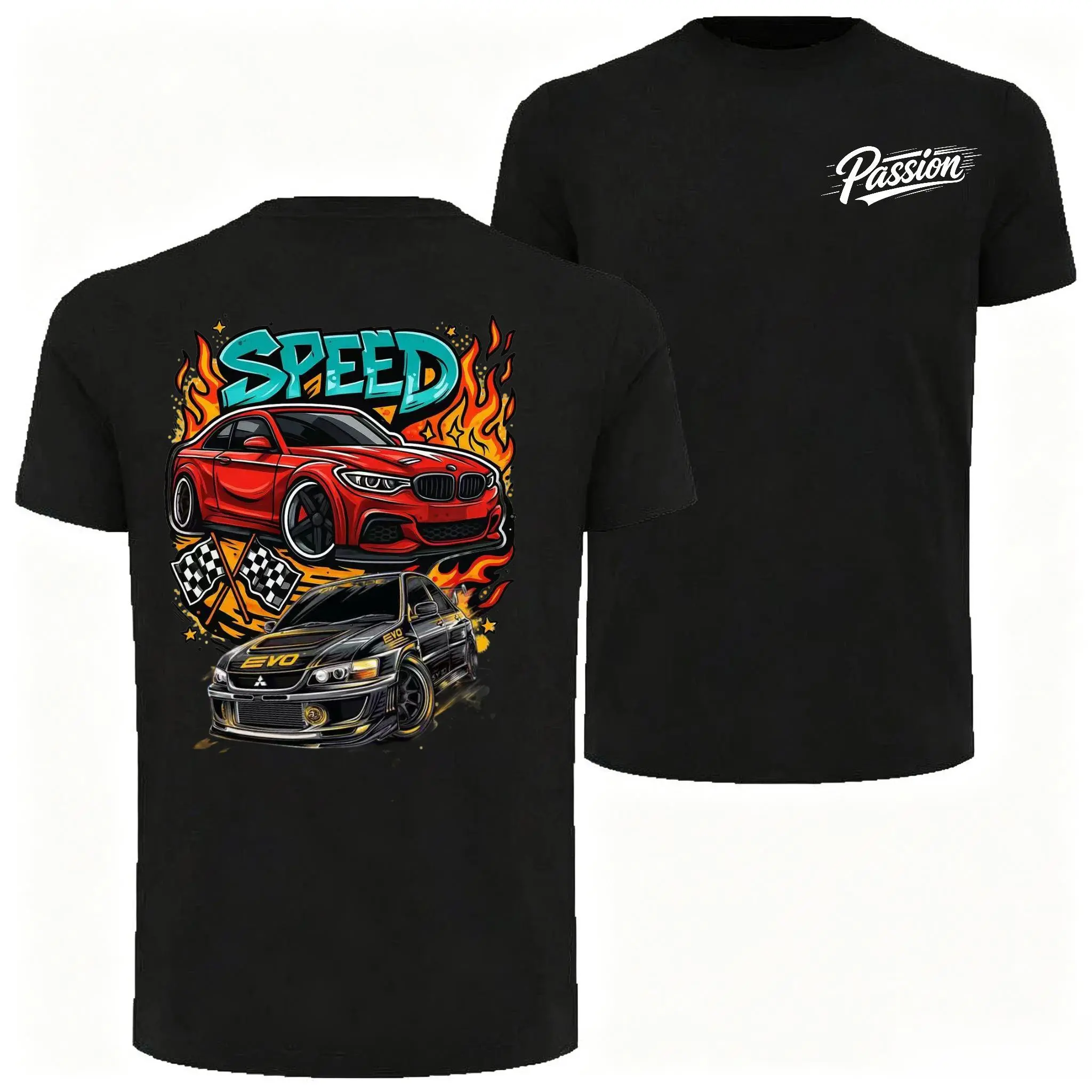 Men's Unisex Short-Sleeve Black Cotton T-Shirt - Double-Sided Speed Racing Car Graphic, Retro Flame, Checkered Race Flag, Automotive Print, Passion Letter Chest Detail - Breathable Cargo Workwear for Gearheads