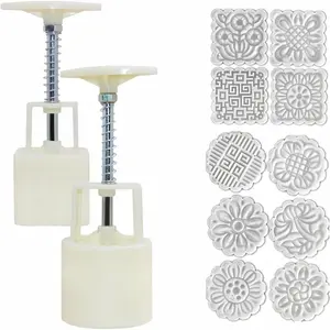 2 Pack Mooncake Mold Press with 10 Stamps,Round Flower and Square Flower Decoration Tools for Moon Cake Baking DIY Cookie Stamps Pastry Biscuit Desser