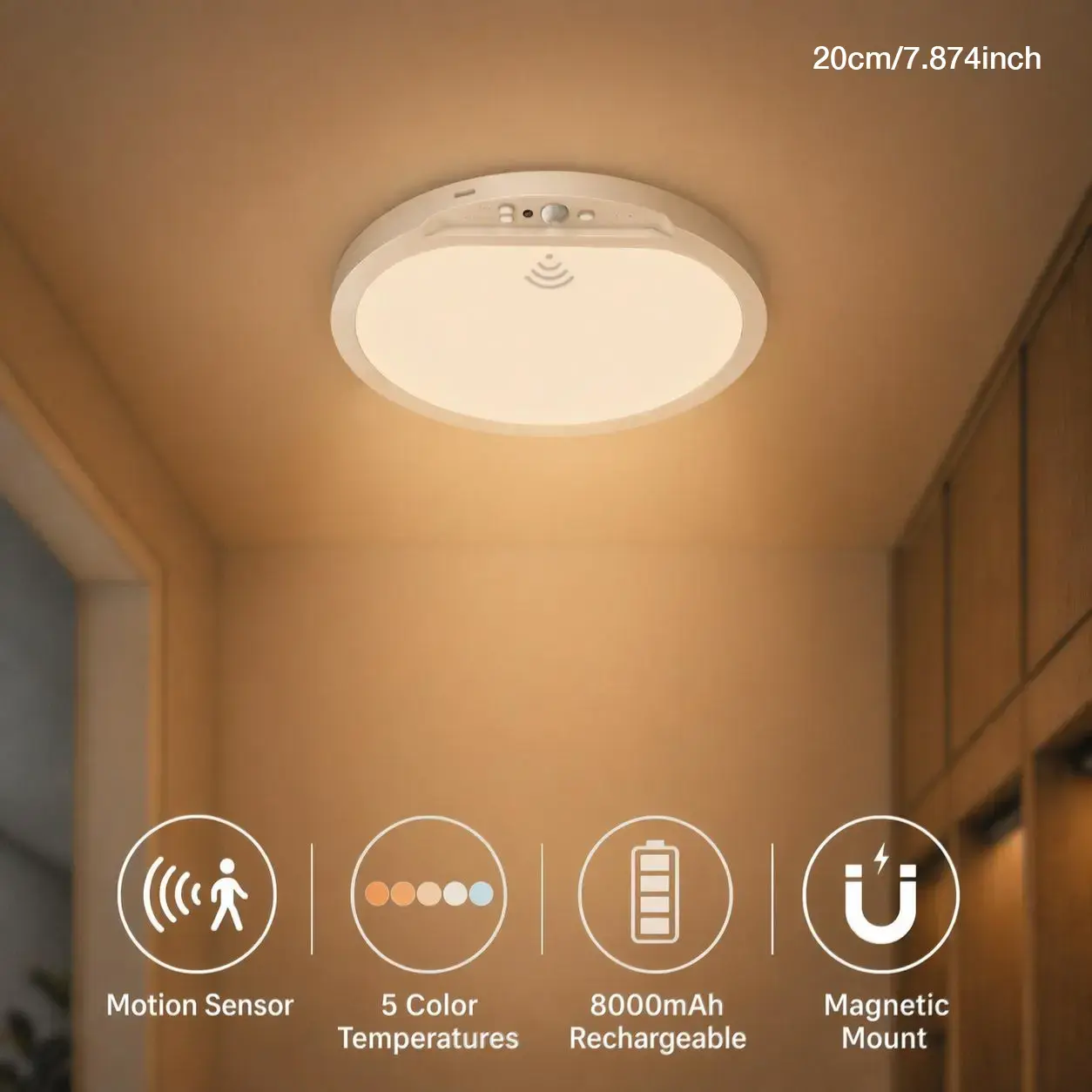 Rechargeable Motion Sensor 20 cm Ceiling Light with Remote, 5 Colors Battery Powered Magnetic Wireless Ceiling Light, Timer & Dimmable Motion Activated Light for Closet, Shower, Hallway, Pantry #GLOBAL PICKS
