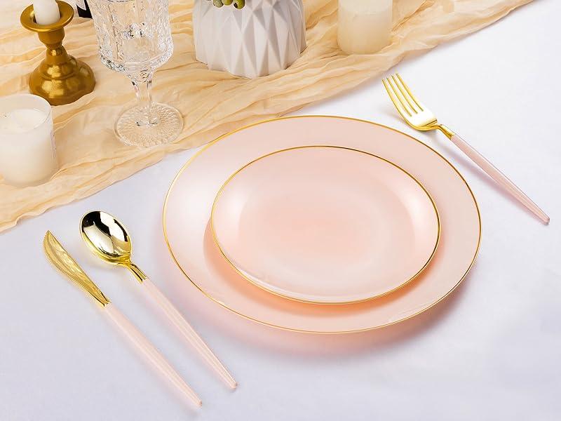 100PCS Pink & Gold Disposable Plates – 10.25" Dessert & Salad Plates with Gold Rim for Modern Dining