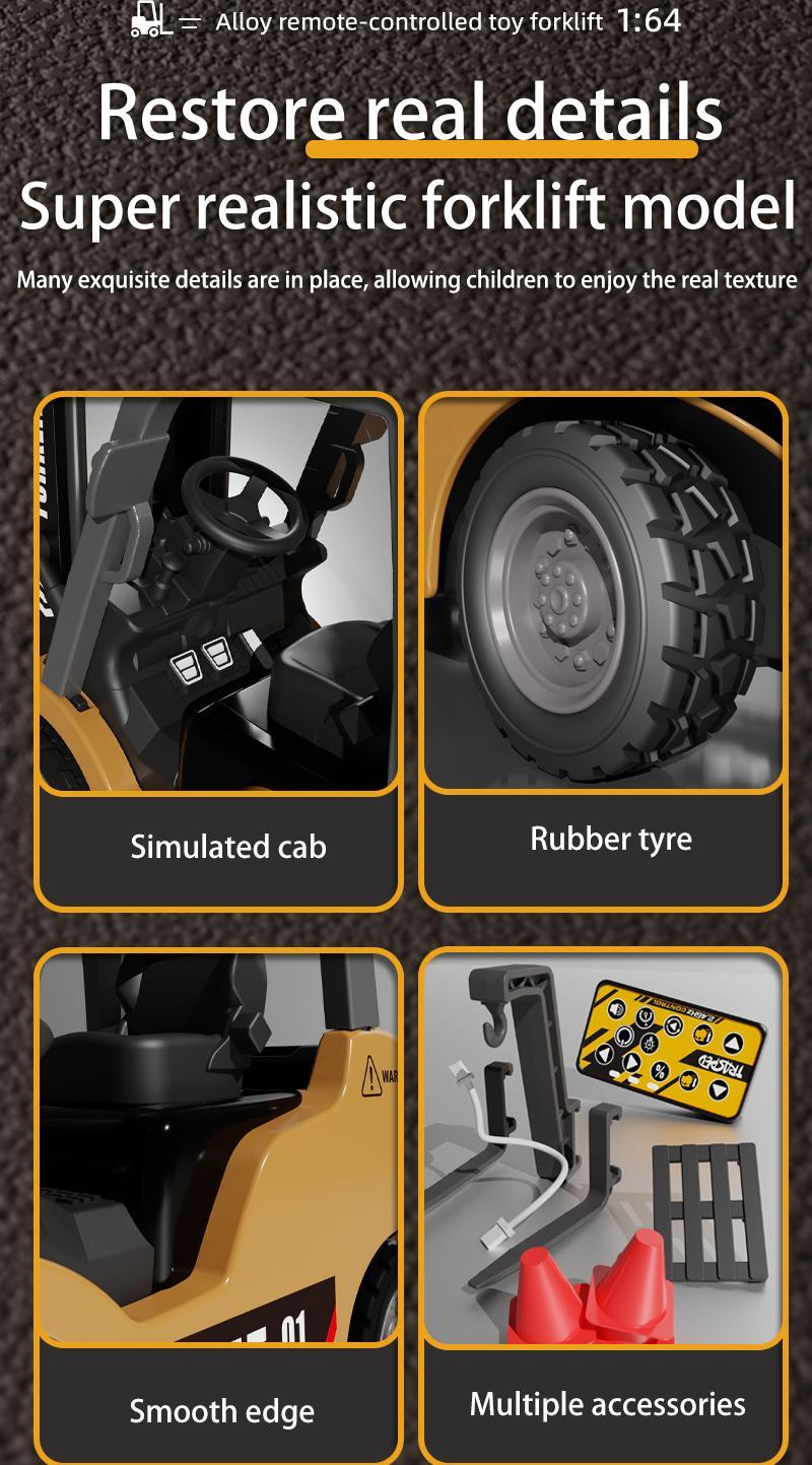 1/64 Mini RC Forklift, Remote Control Excavator, 11 Channel 2 Mode 2.4Ghz Remote Control Alloy Construction Vehicles Set with USB-C Rechargeable, 2 in 1 Transformable Lift Fork & Hook, Birthday Christmas Gift for Kids Adults Boys and Girls