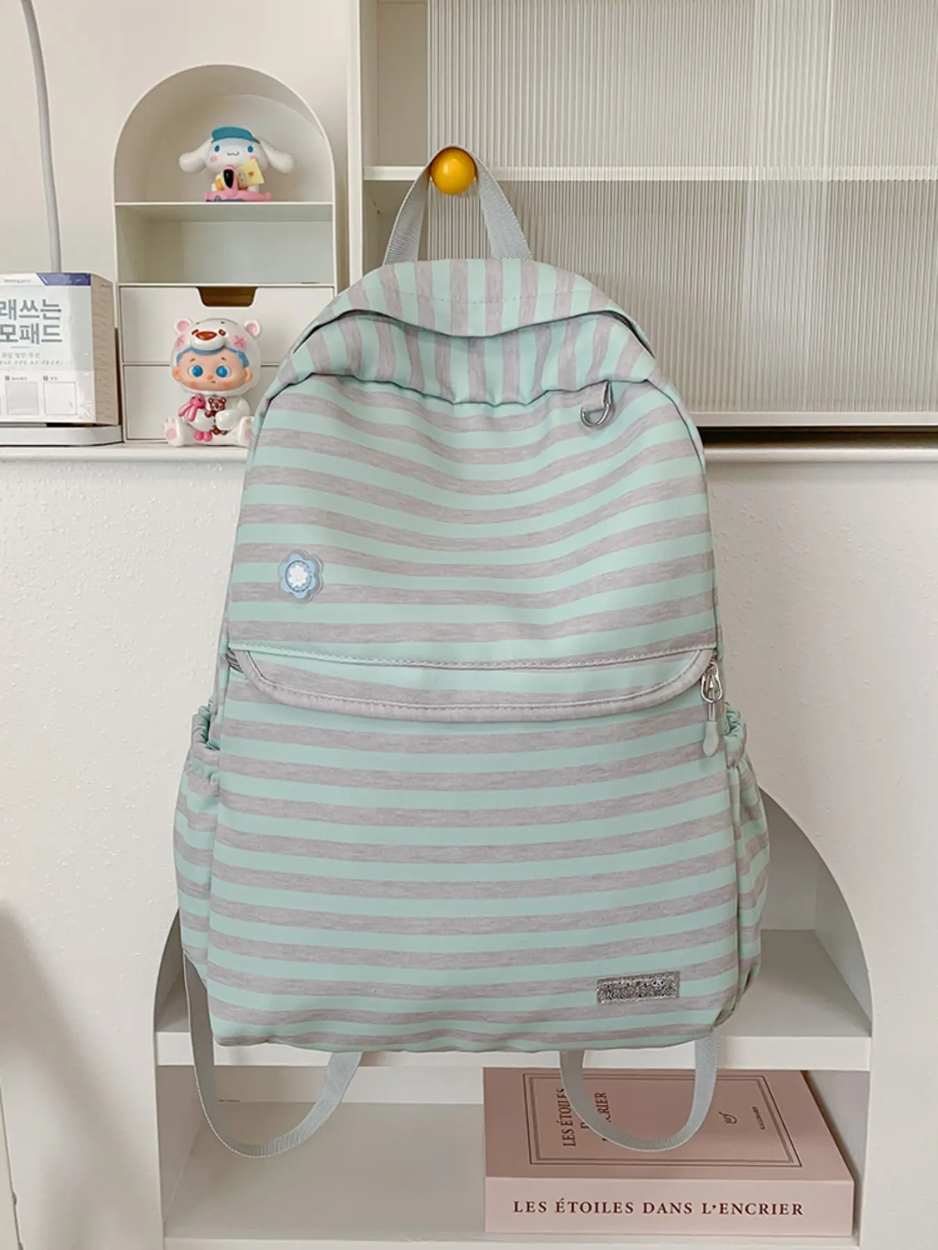 Fresh Striped Backpack, Soft Color Block Design, Durable Fabric, Front Zip Pocket, Water Bottle Pouch, Wide Strap, Floral Decoration, Versatile Style