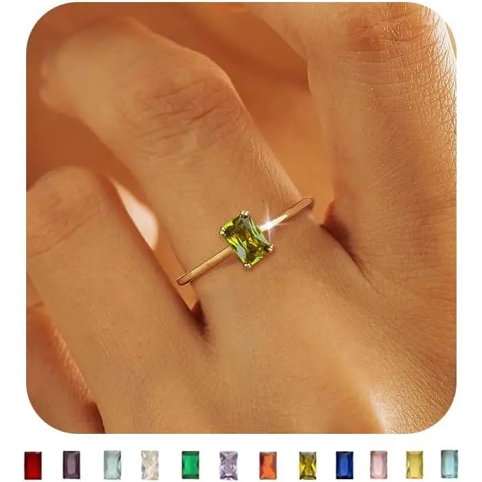 Gold Birthstone Rings for Women Non Tarnish Dainty 14K Gold Plated Stackable Rings CZ Emerald Baguette Gemstone Rings for Mother Daughter Birthday Handmade Jewelry Gifts sizes 6 7 8 9 10