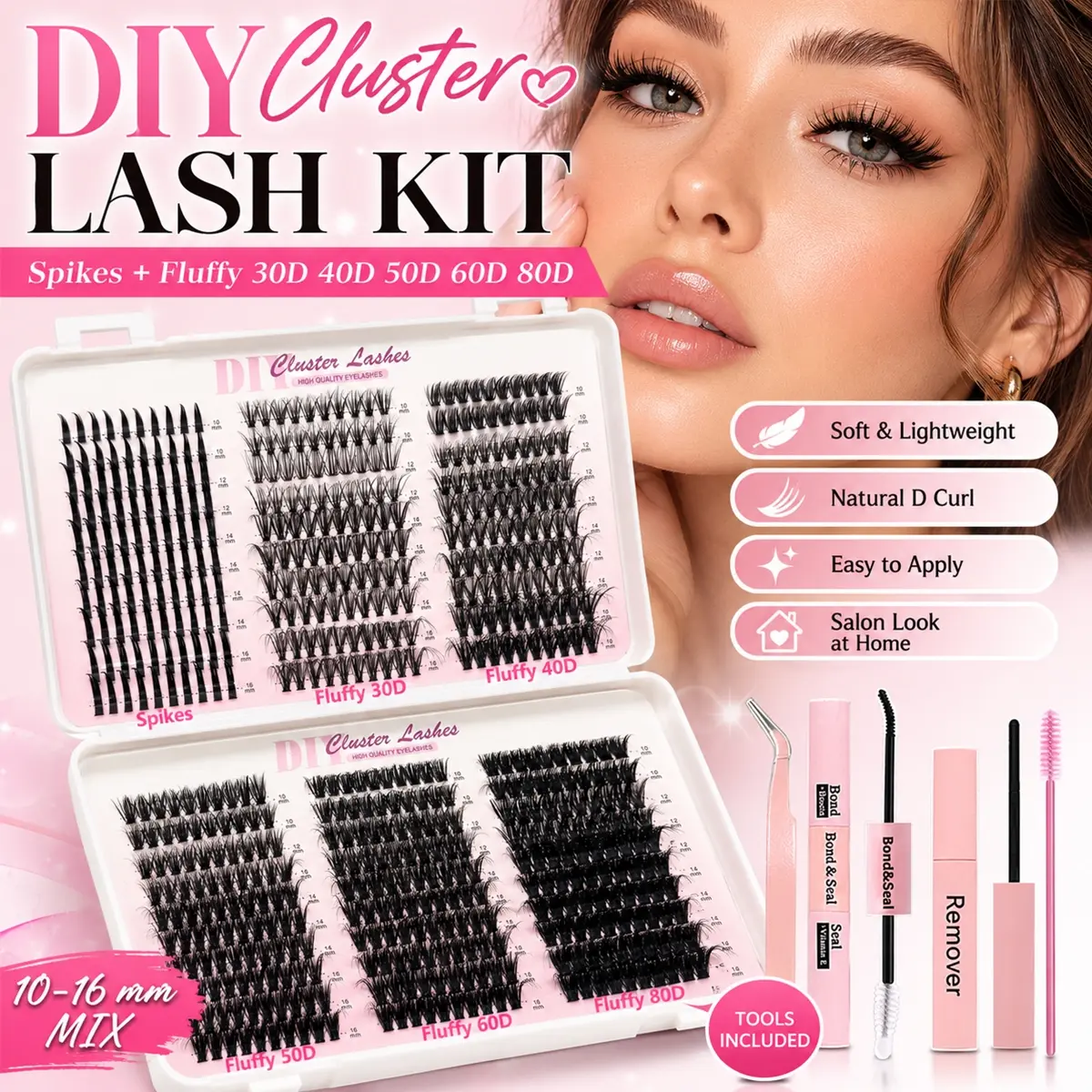 DIY Cluster Lashes Kit, Spiky + Fluffy Wispy Lash Clusters 30D 40D 50D 60D 80D Mixed Tray with Bond, Seal, Remover, Tweezers & Lash Brush, D Curl Natural Volume Individual Lash Extension Set for Beginners, Daily Makeup & Soft Glam