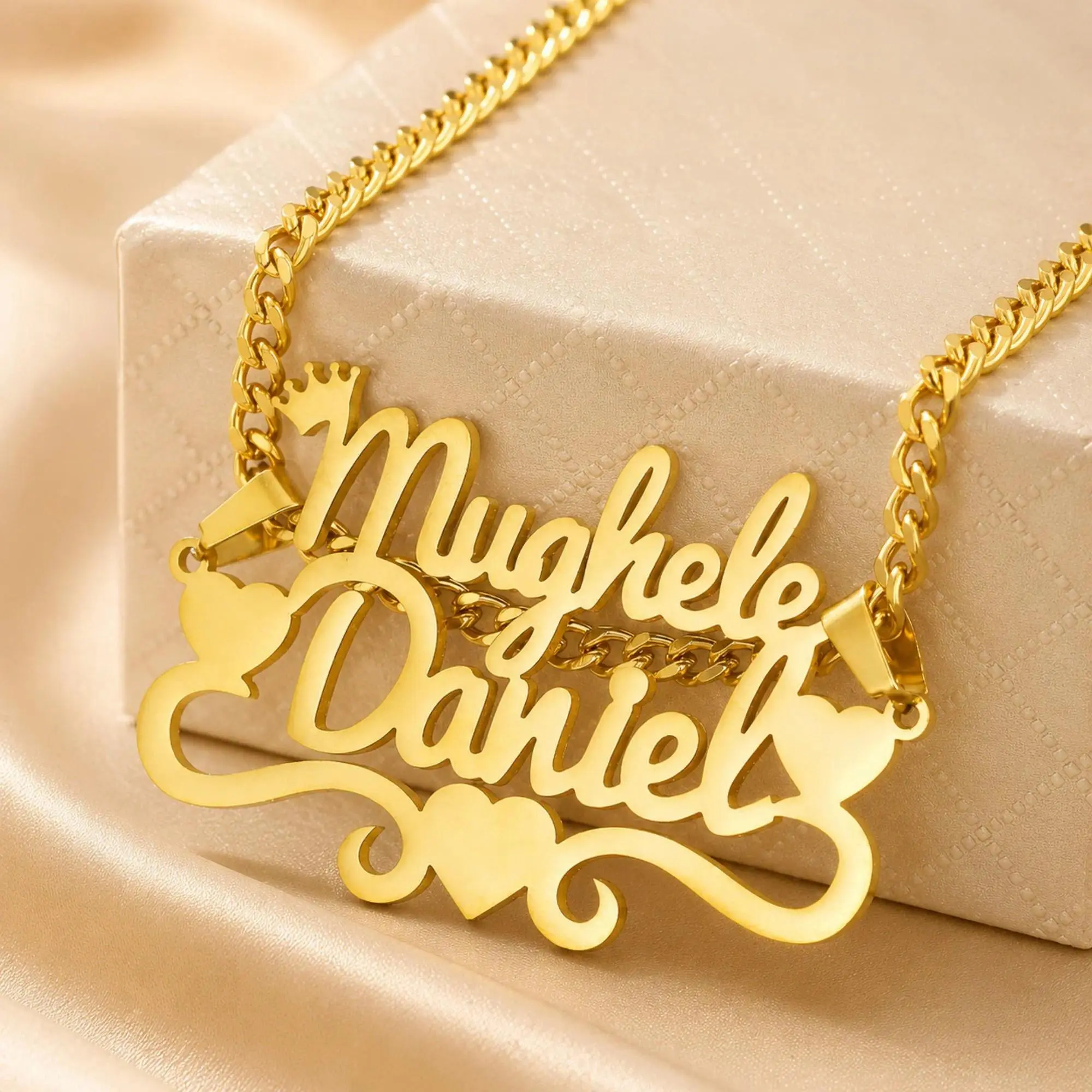 AS591 Personalized Two Name Necklace Custom Double Name Couple Heart Stainless Steel Pendant Couple Anniversary Gift