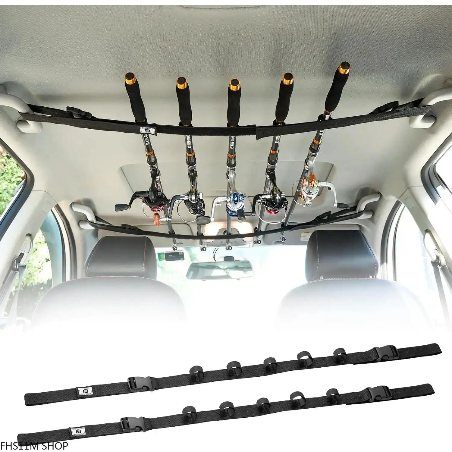 Heavy-Duty Interior Fishing Rod Rack with 5 Rod Capacity, 5 Slots Buckle, Adjustable Fit (30-54 in), Nylon Tape, Secure Hold, Tool-Free Install for SUV Truck Roof Storage, FishingTok Summer Essential for Overlanding Anglers